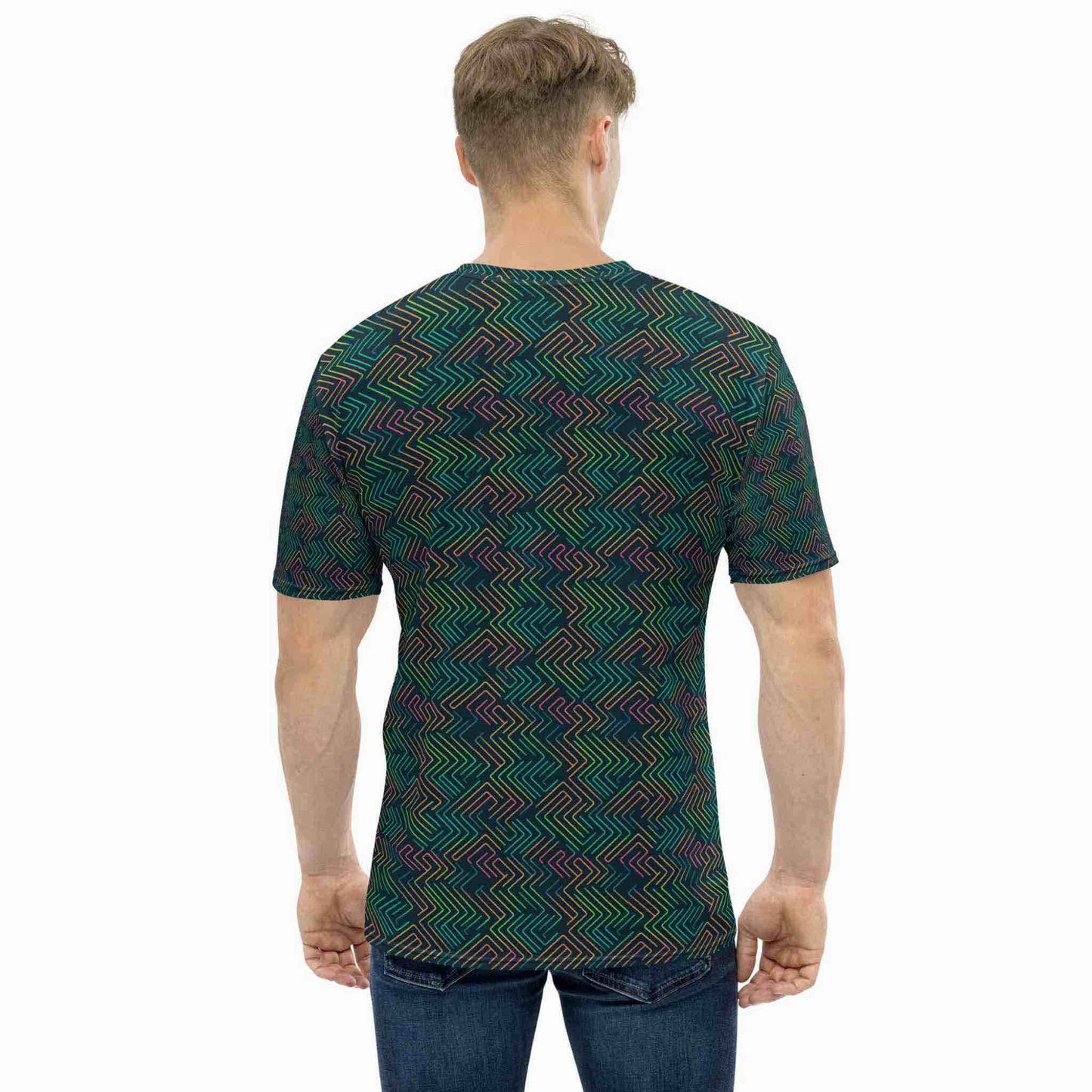 Cool T shirt design featuring a dark green neon pattern, which is geekish yet athletic and confident, worn by a man standing with his back facing the camera. White background.
