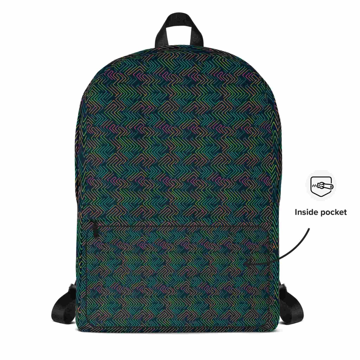 Printed backpack, featuring a dark neon electrical circuit design, shown in a front view.
