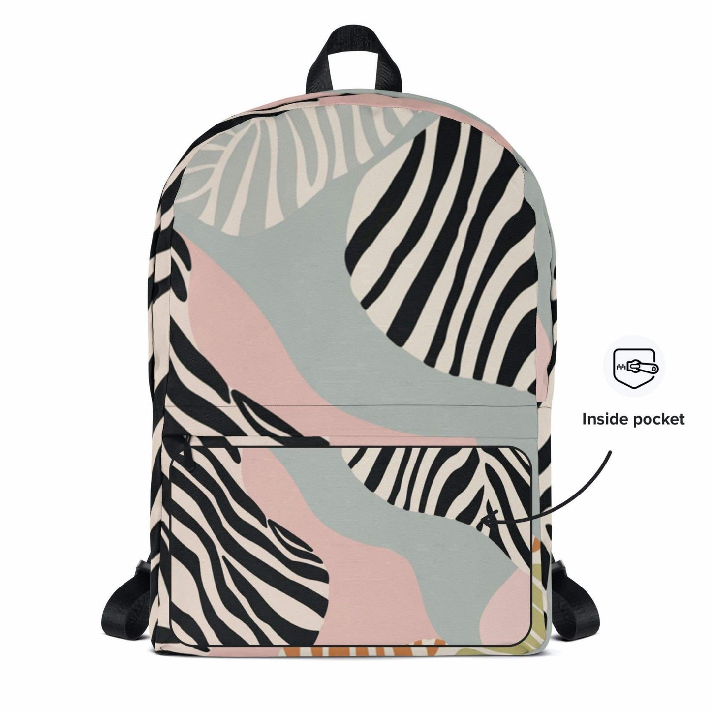 A zebra print backpack which features a zebra inspired design with blacks, soft pink, soft green and tan colours.