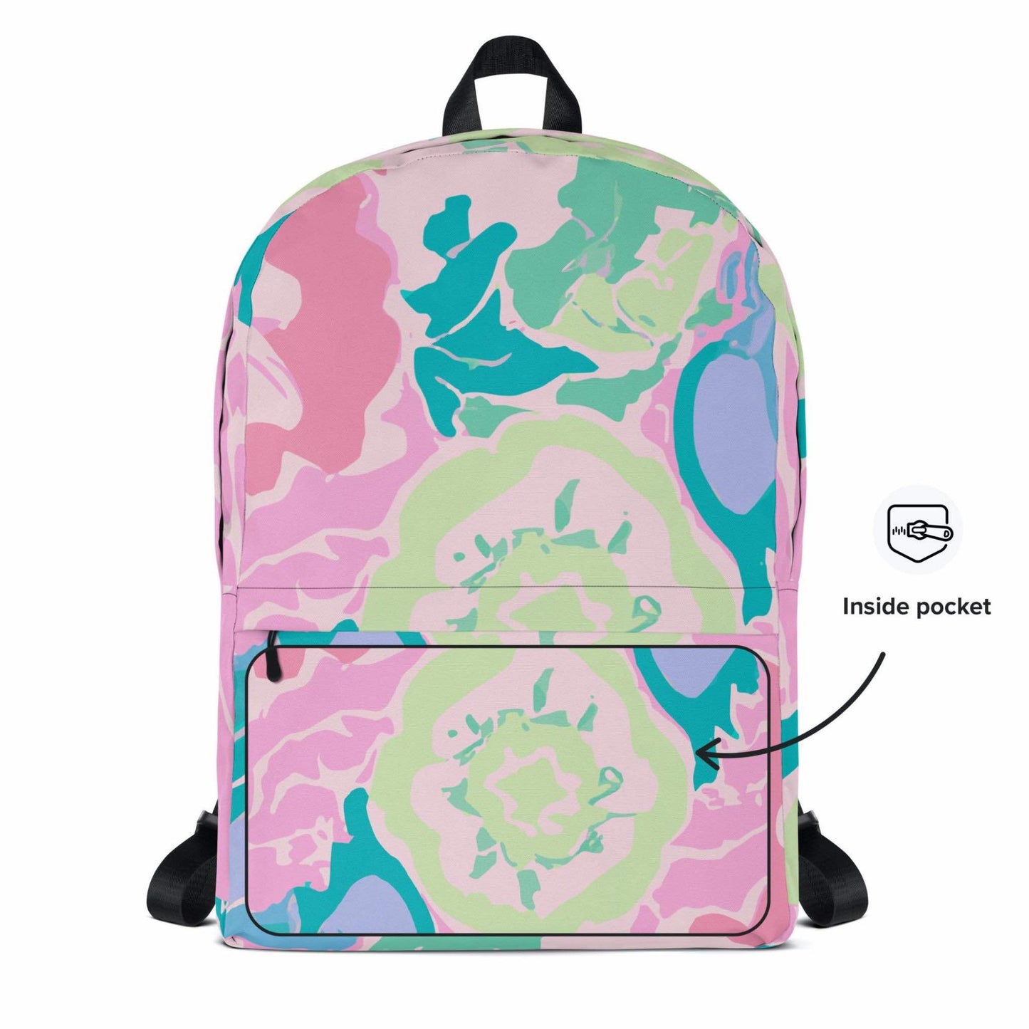 A pink floral backpack, shown in the front view, highlighting the inside pocket.