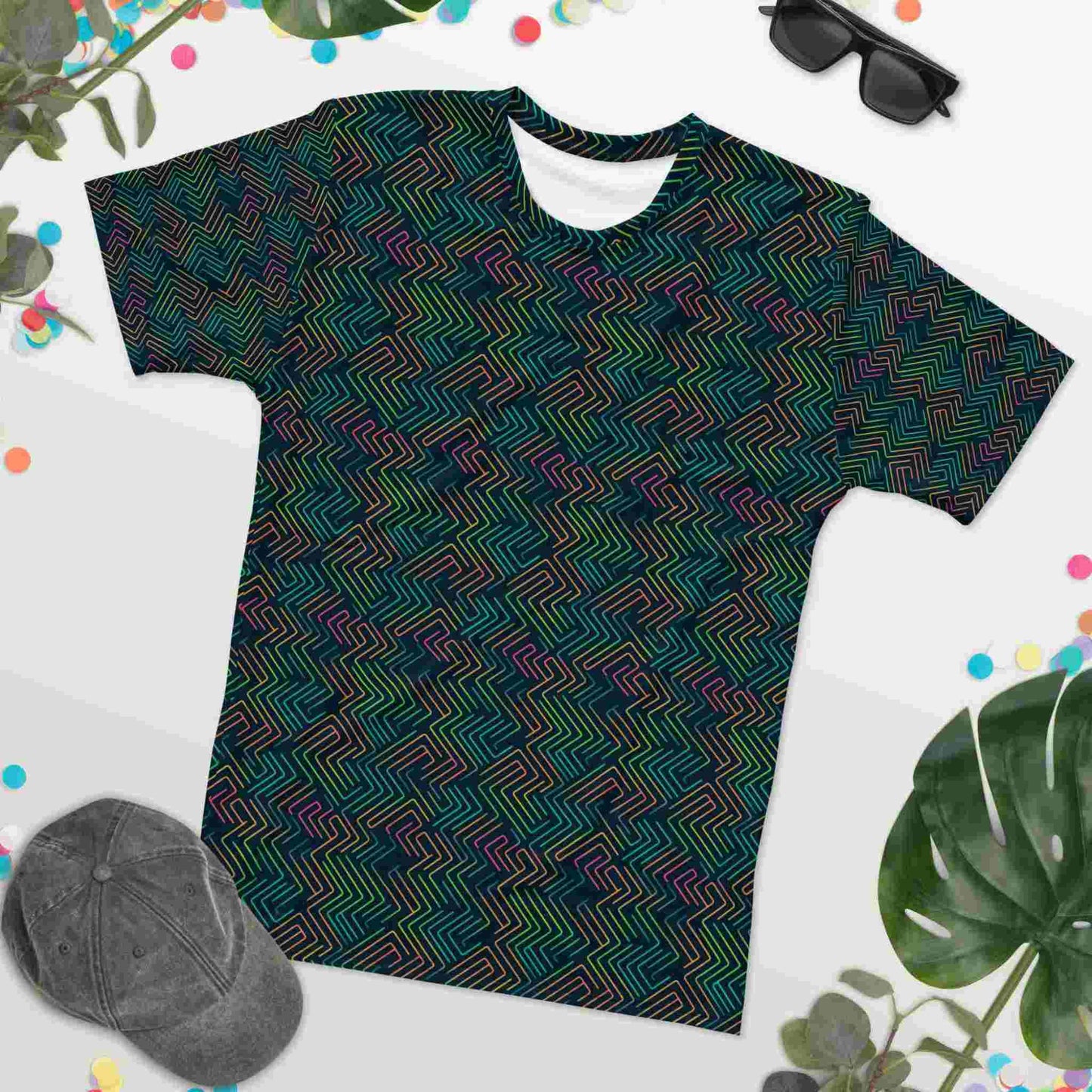 Flatlay of a cool T shirt design featuring a dark green neon pattern, which is geekish yet athletic and confident. Front of T shirt faces up. White background.