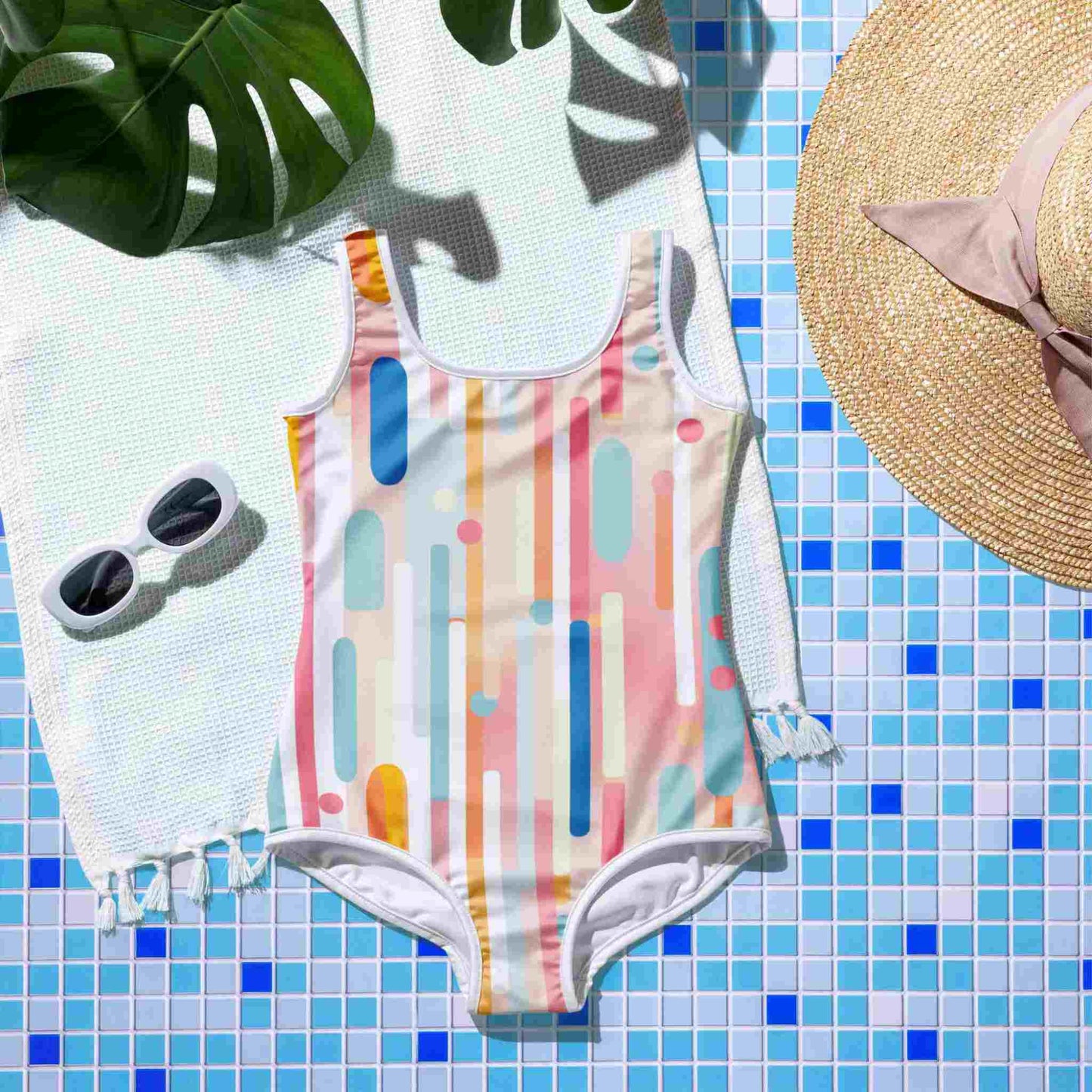 Flatlay of a one piece bathing suit for teens, which features a cheerful yet sophisticated design of vertical lines and playful candy colors, lying with front side up on a blue mosaic floor, surrounded by a plant, sunglasses and a straw hat.
