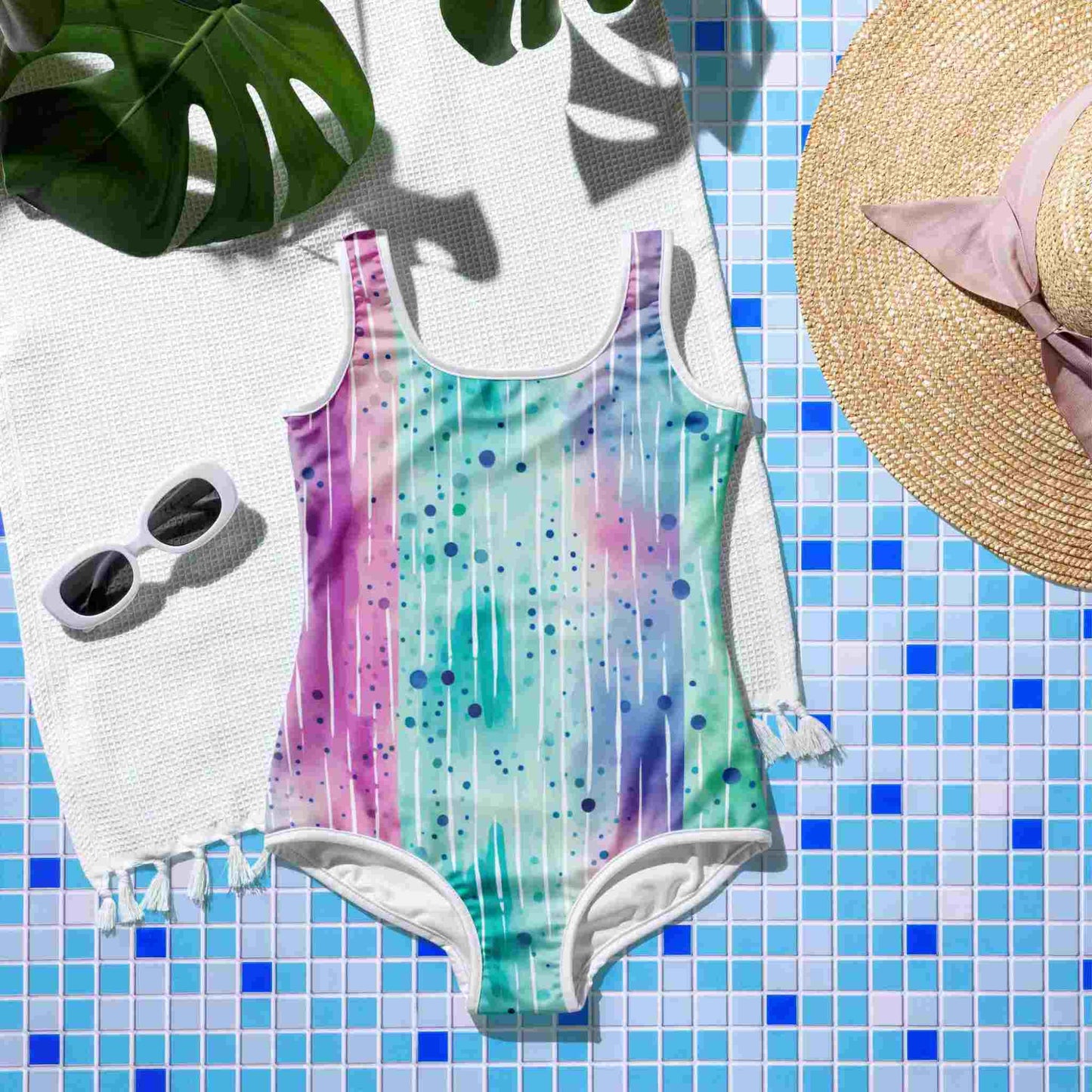 Flatlay of a youth swimsuit (one piece) with an abstract watercolour design depicting blue water ripples, lying front side up on a blue mosaic floor, surrounded by a plant, sunglesses and a straw hat.