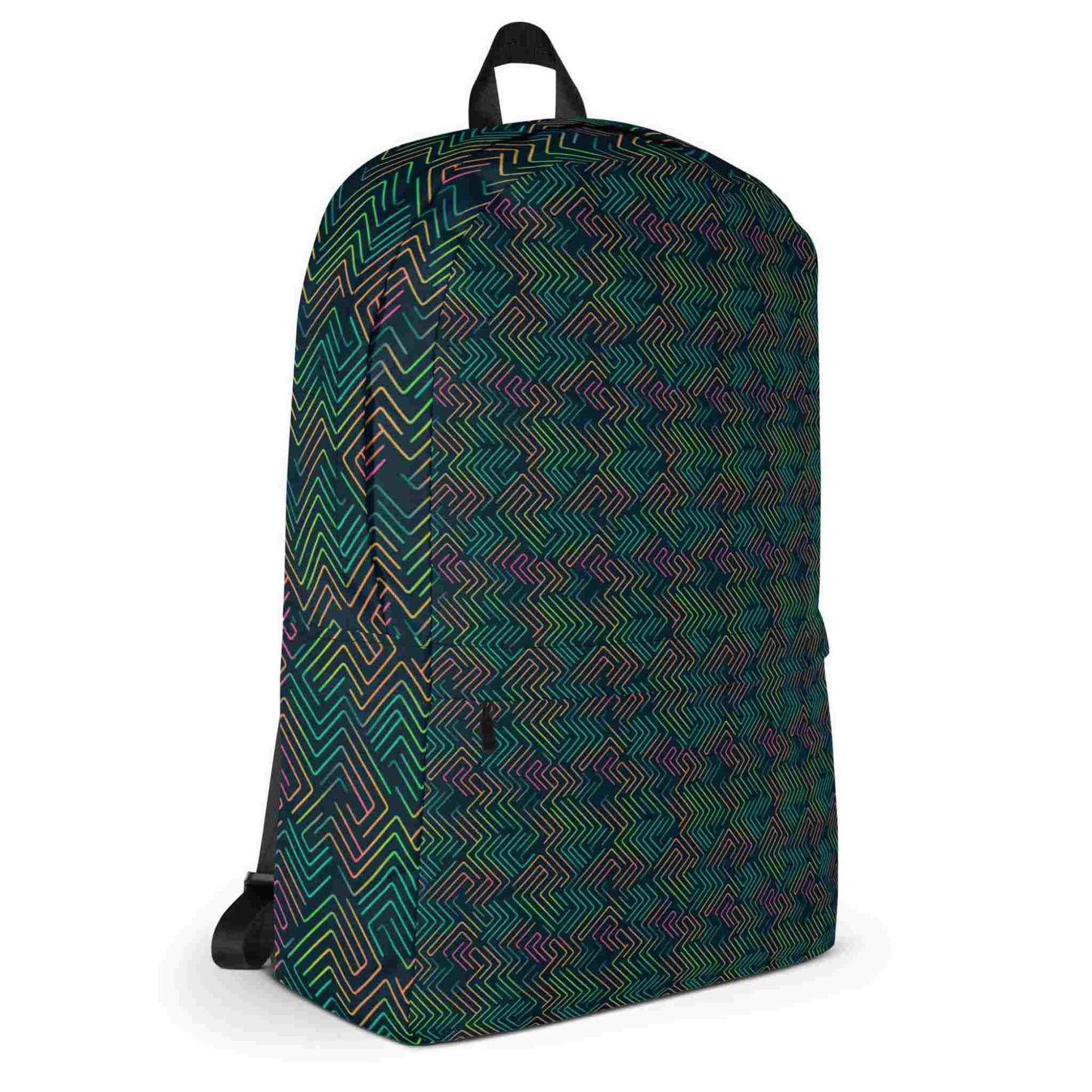 Printed backpack on a man, featuring a dark neon electrical circuit design, shown in a frontal right view.
