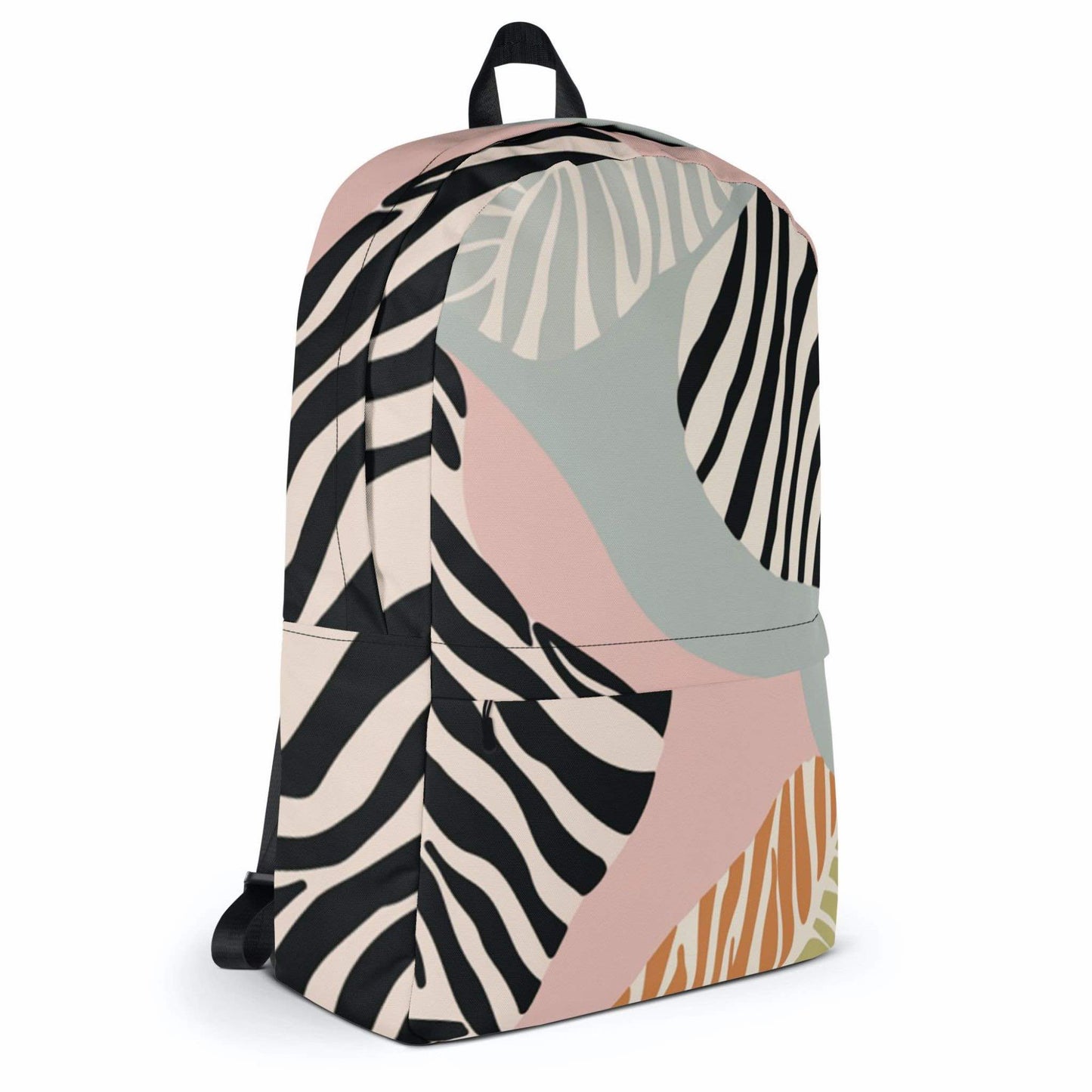 A zebra print backpack, the frontal left view being shown.