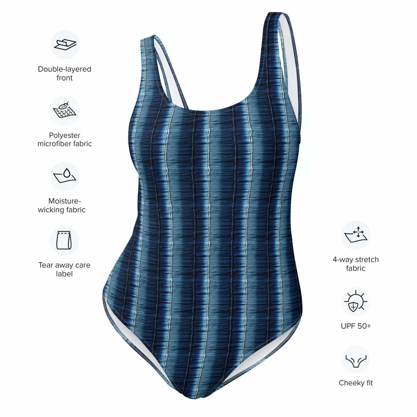 Characteristics of the one-piece swimsuit listed. The characteristics include double-layered front, polyester microfiber fabric, moisture-wicking fabric, tear away care label, 4-way stretch fabric, UPF 50+ and cheeky fit.