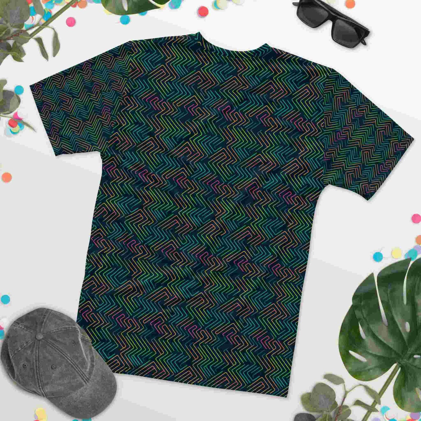 Flatlay of a cool T shirt design featuring a dark green neon pattern, which is geekish yet athletic and confident. Rear side of T shirt faces up. White background.
