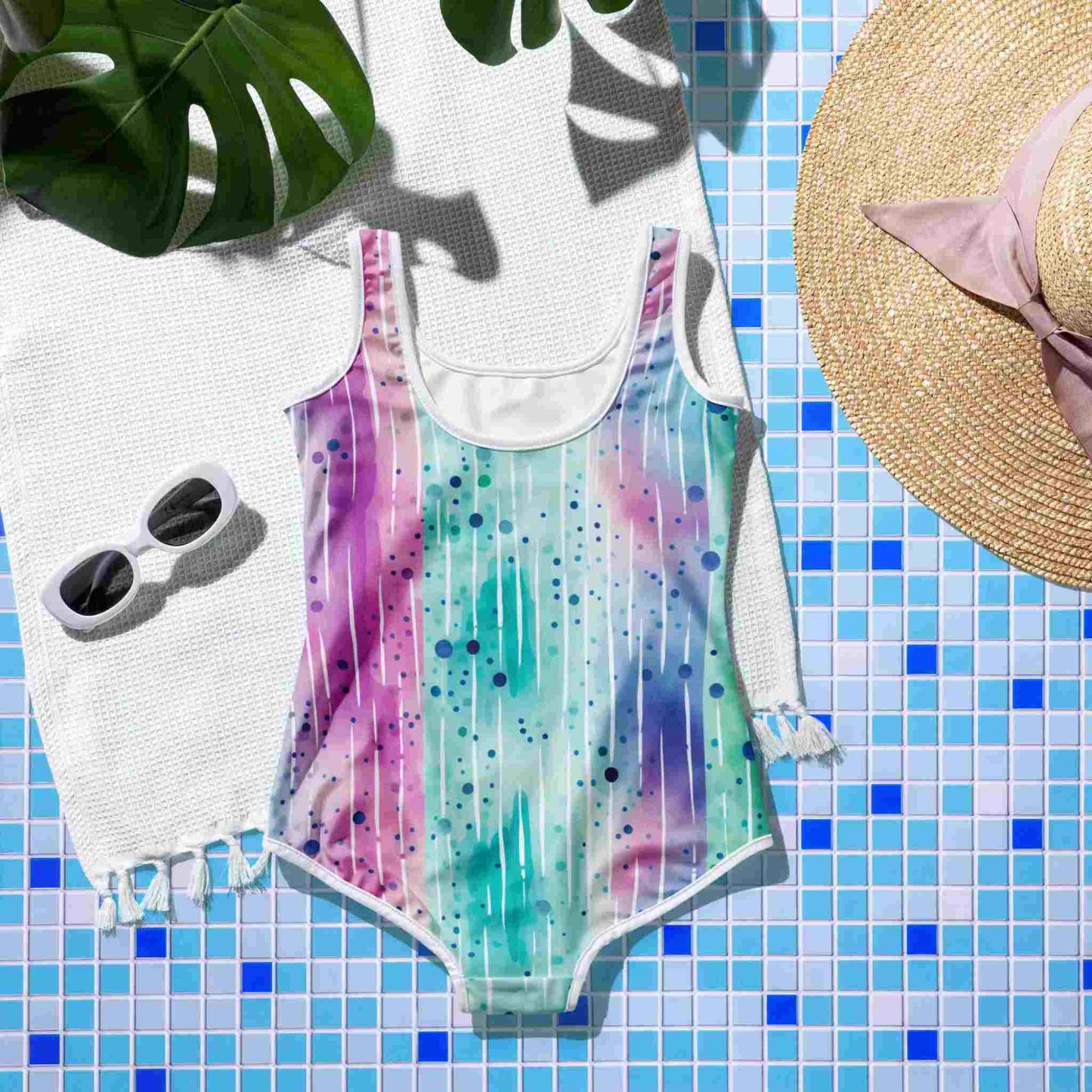 Flatlay of a youth swimsuit (one piece) with an abstract watercolour design depicting blue water ripples, lying rear side up on a blue mosaic floor, surrounded by a plant, sunglesses and a straw hat.