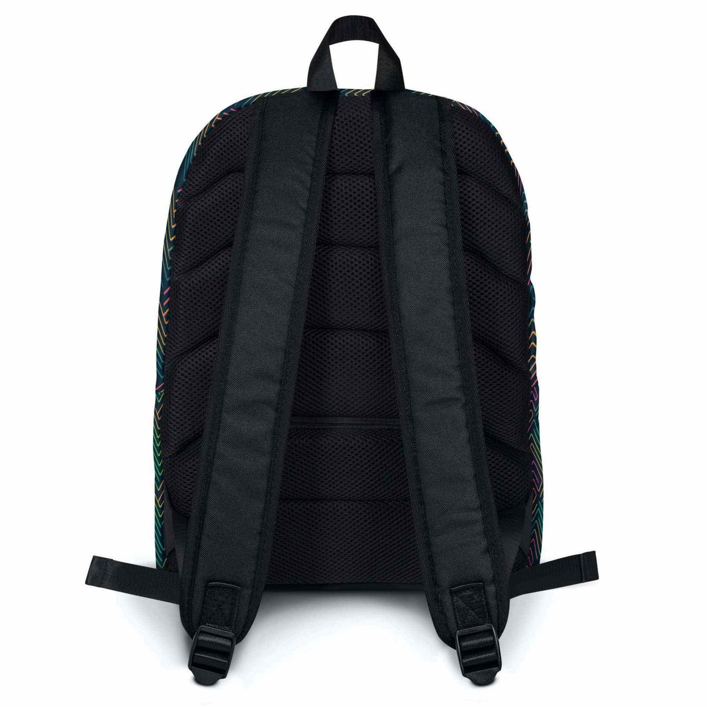 Back view of the backpack, which is in full black fabric.