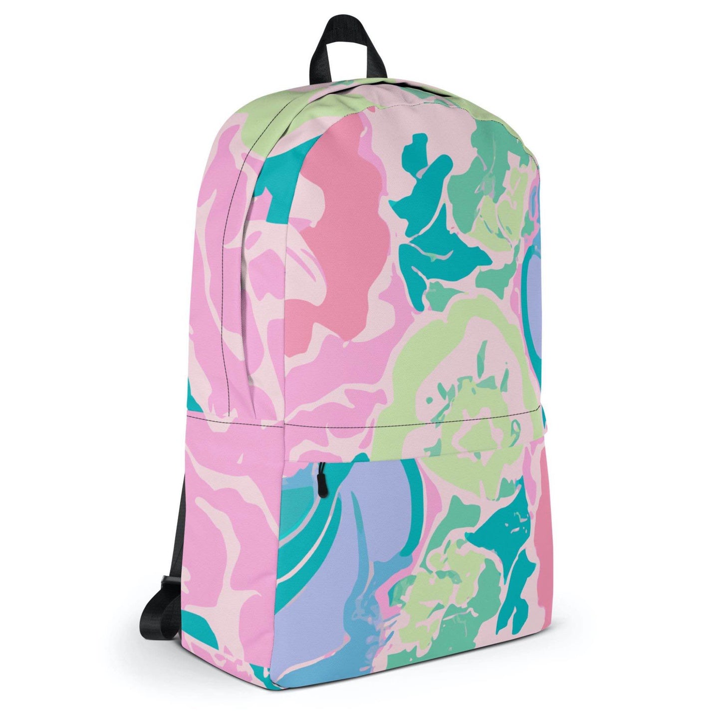 A pink floral backpack, shown in frontal right view.