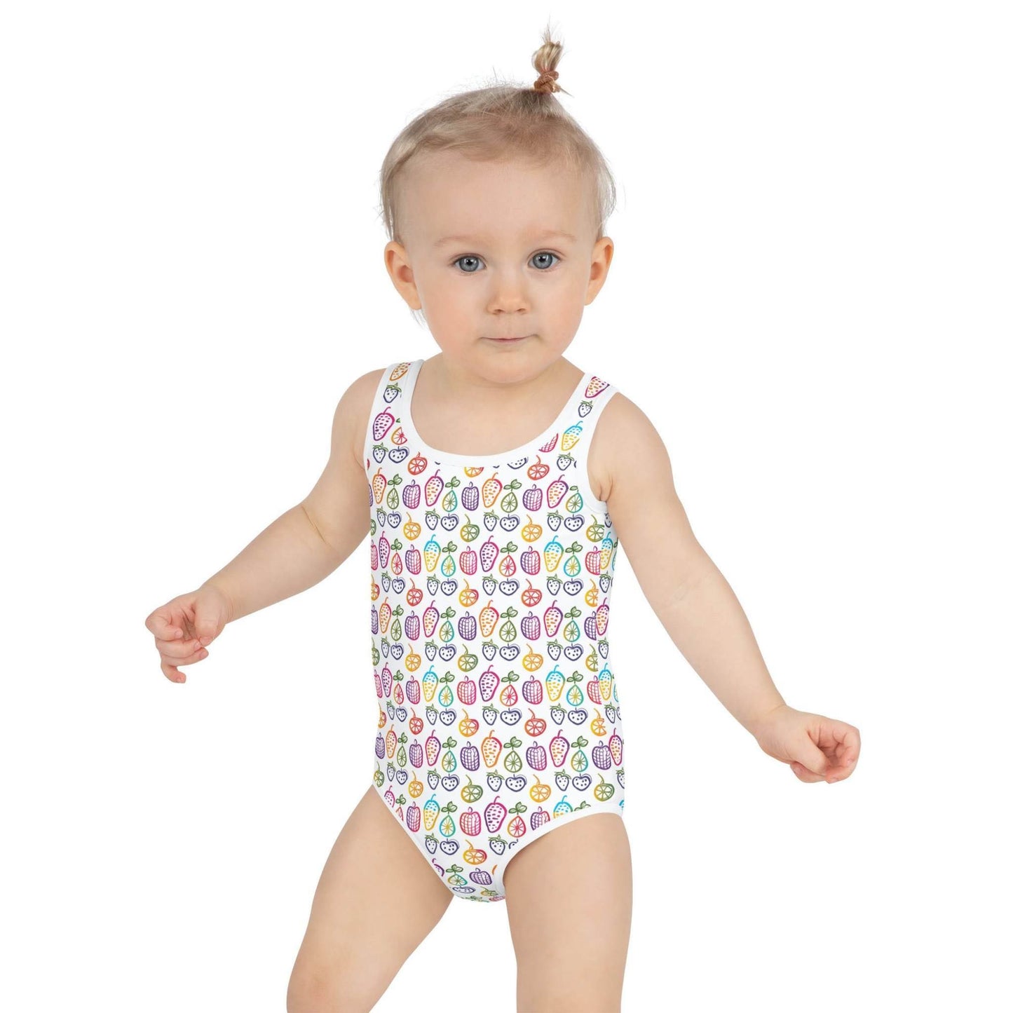 Cute 1 Piece Swimsuits Juniors featuring a cheerful pattern of colorful fruit doodles across a pristine white background, worn by a baby. White background.