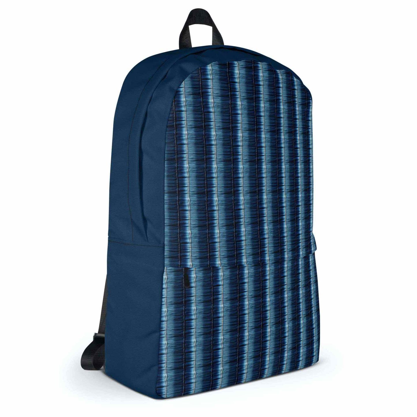 Printed backpack featuring denim stripes shown in a frontal left view. Sides of backpack are in solid dark blue fabric.