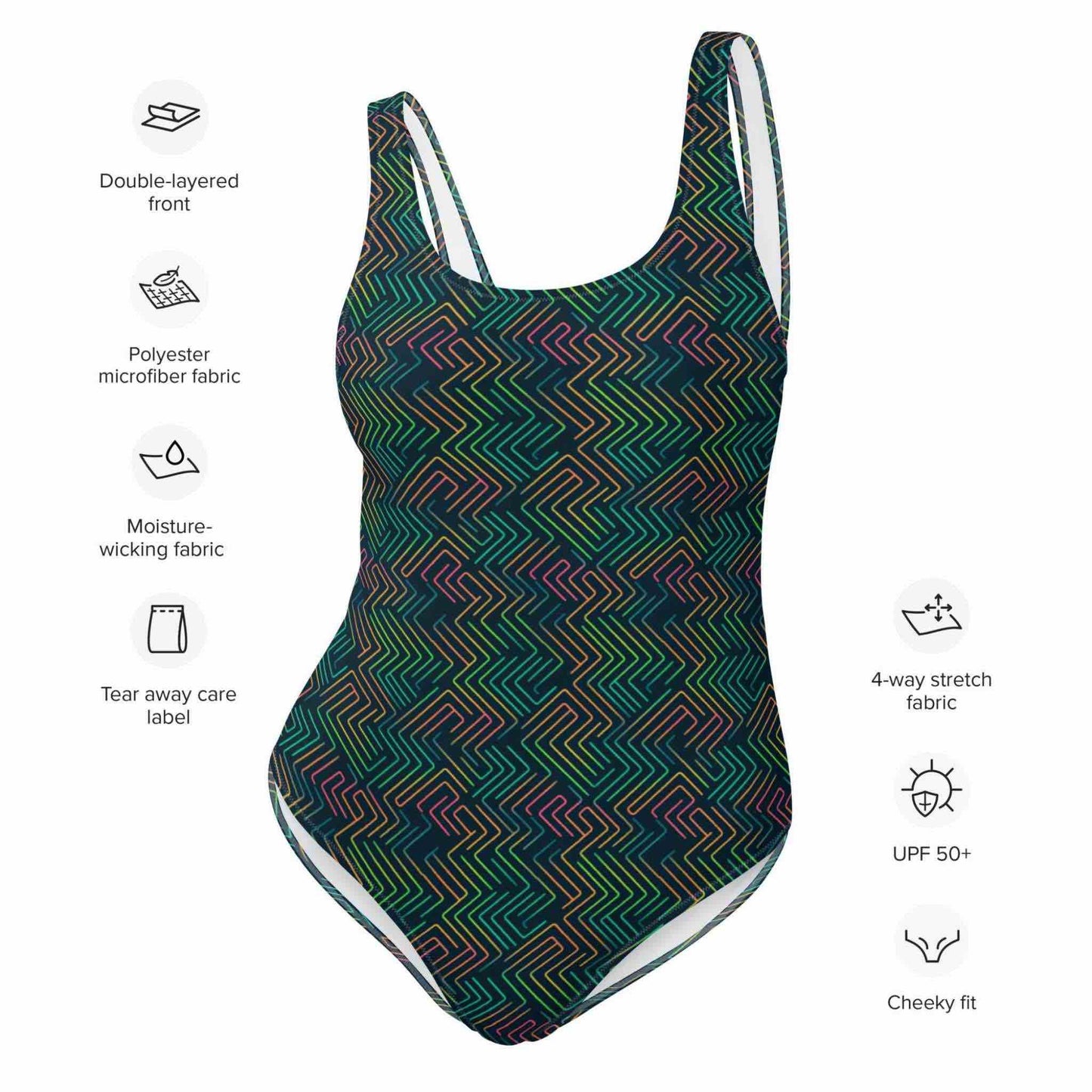 Characteristics of the one-piece swimsuit listed. The characteristics include double-layered front, polyester microfiber fabric, moisture-wicking fabric, tear away care label, 4-way stretch fabric, UPF 50+ and cheeky fit.