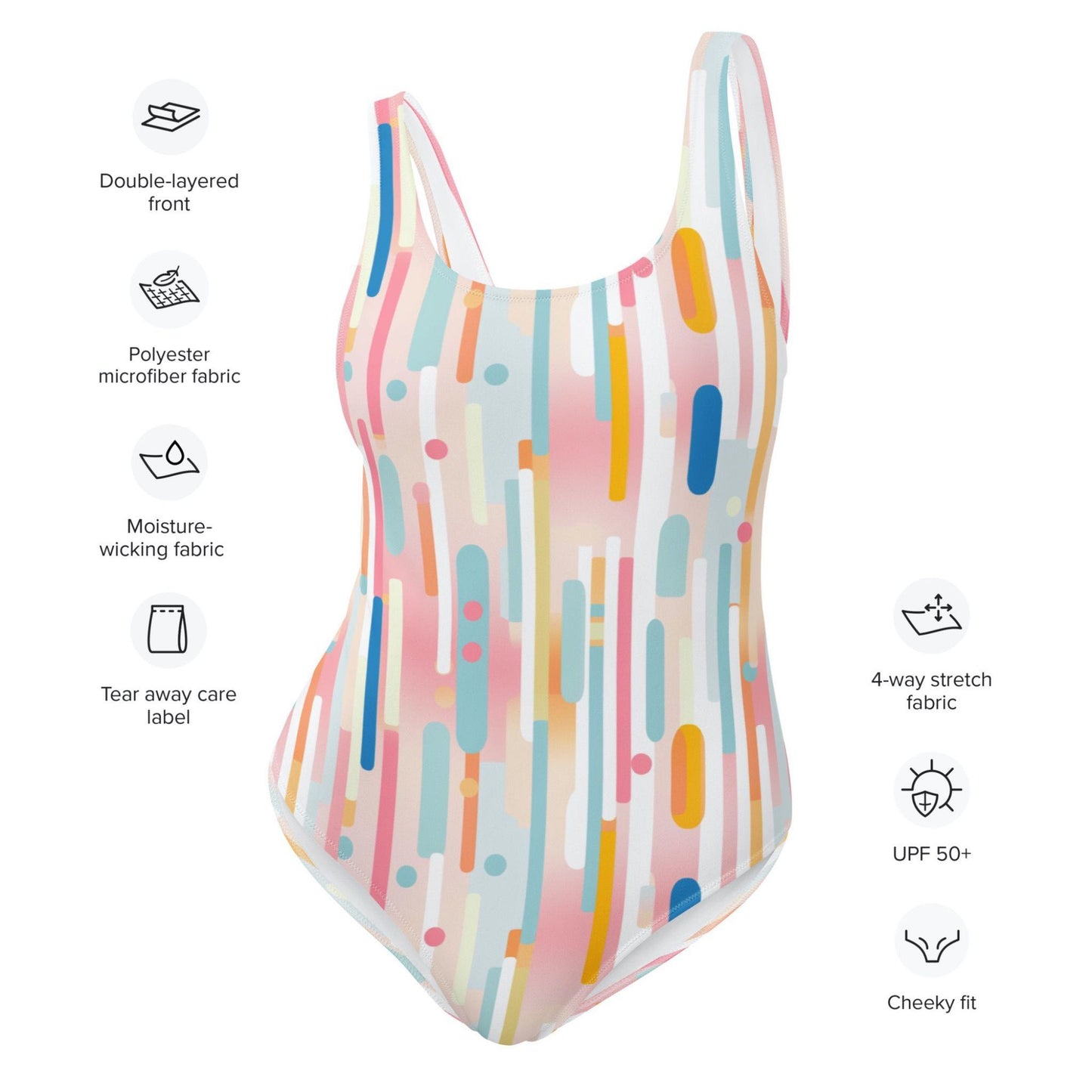 Characteristics of the one-piece swimsuit described in text next to a mockup of a light candy coloured one-piece swimsuit. Characteristics listed are double-layered front, polyester microfiber fabric, tear away care labe;, 4-way stretch fabric, UPF50+ and cheeky fit.