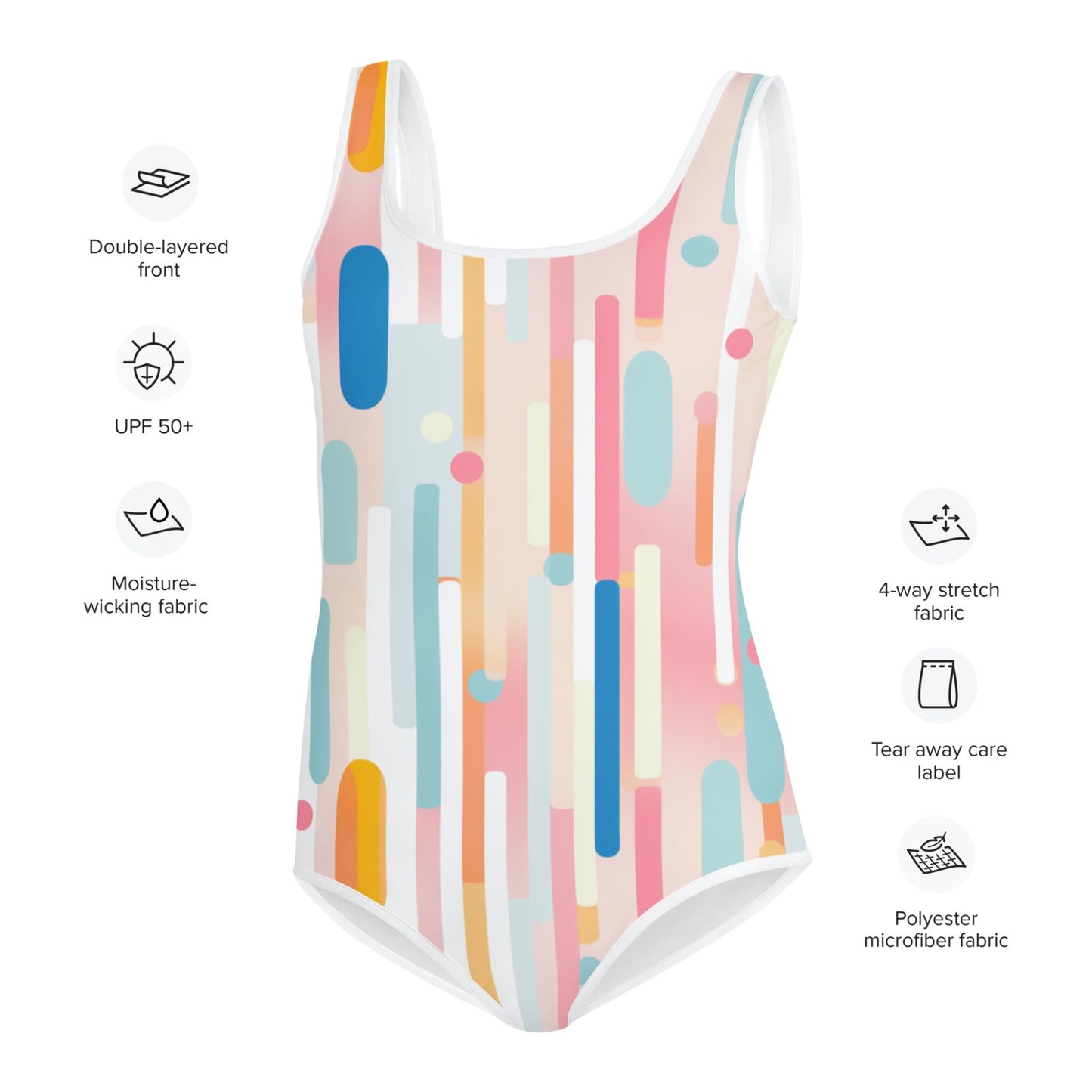 The characteristics of the youth swimsuit which are double-layered front, UPF 50+, moisture-wicking fabric, tear away care label and polyester microfibre fabric.