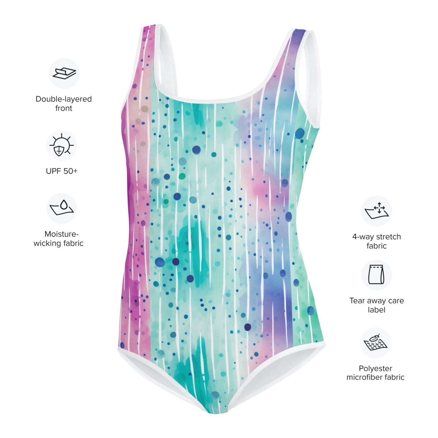 The characteristics of the youth swimsuit which are double-layered front, UPF 50+, moisture-wicking fabric, tear away care label and polyester microfibre fabric.