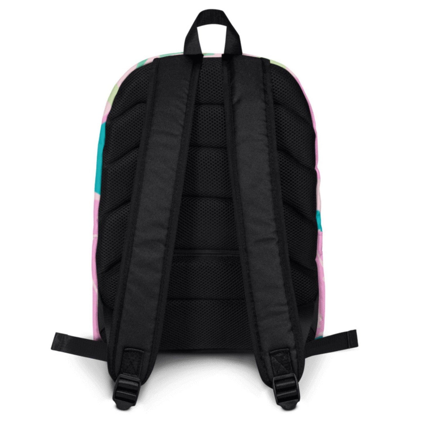 The back view of the backpack - in all black fabric.