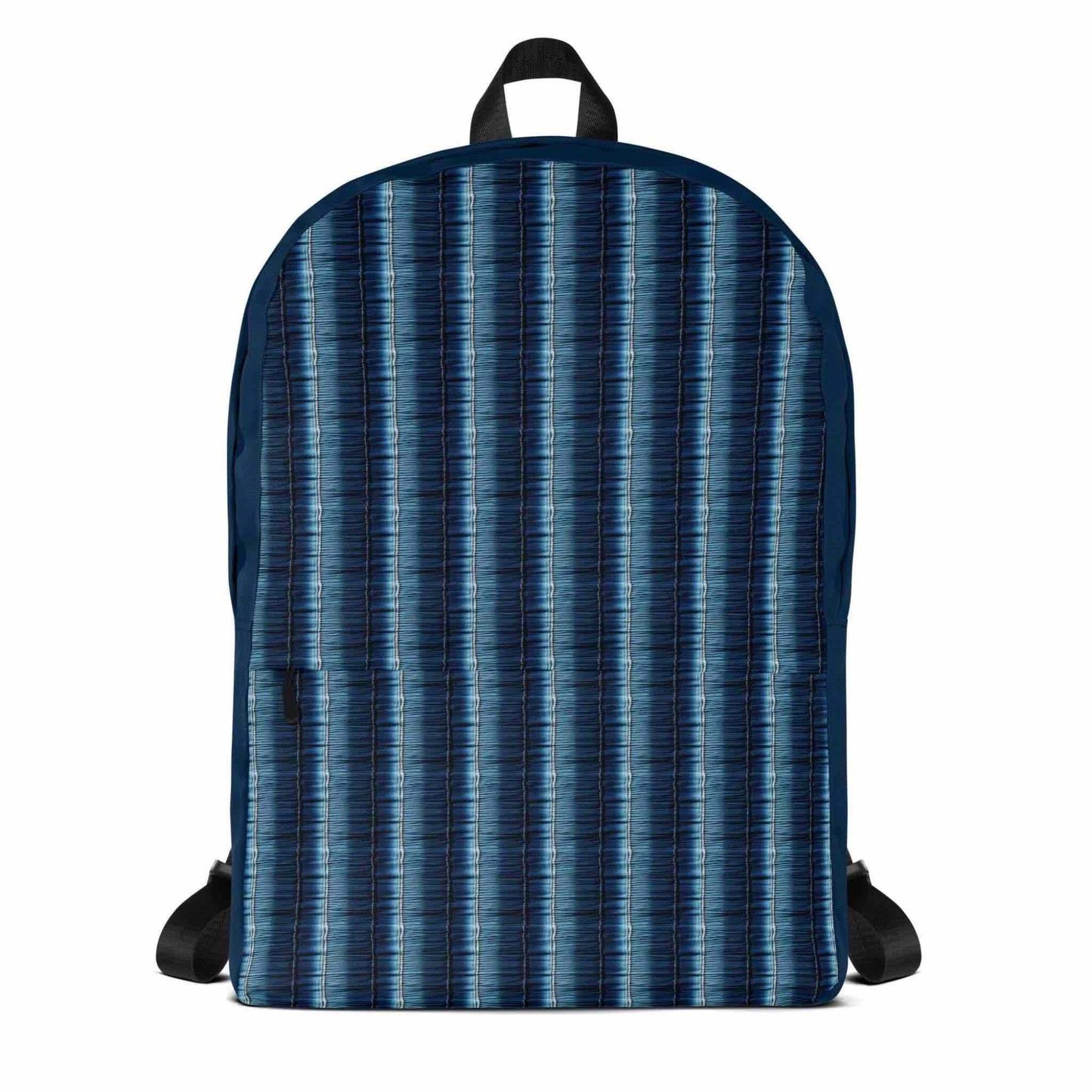 Printed backpack featuring denim stripes shown in a frontal view.