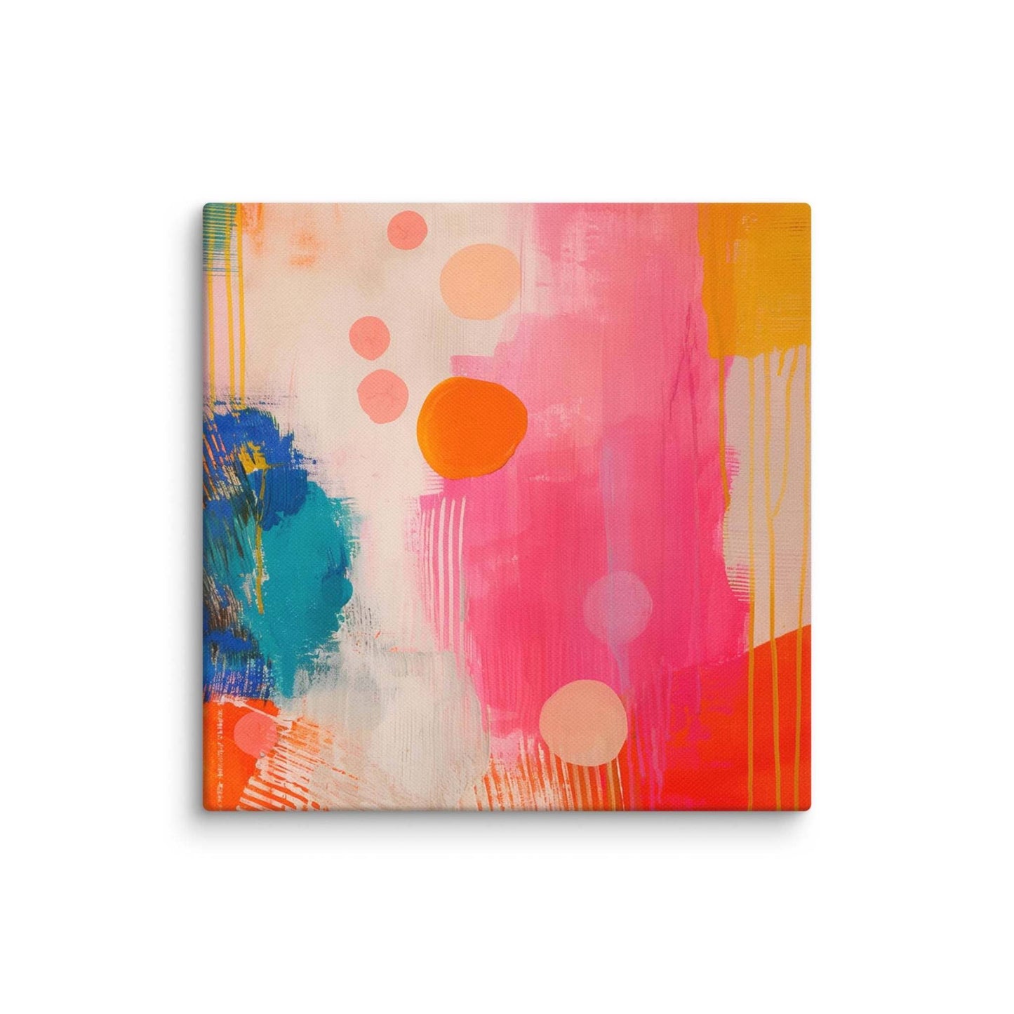 An artwork patches canvas print featuring eye-catching artwork patches in red, orange, pink, blue and cream. This playful and sophisticated piece is in a 8x8 inches dimension.