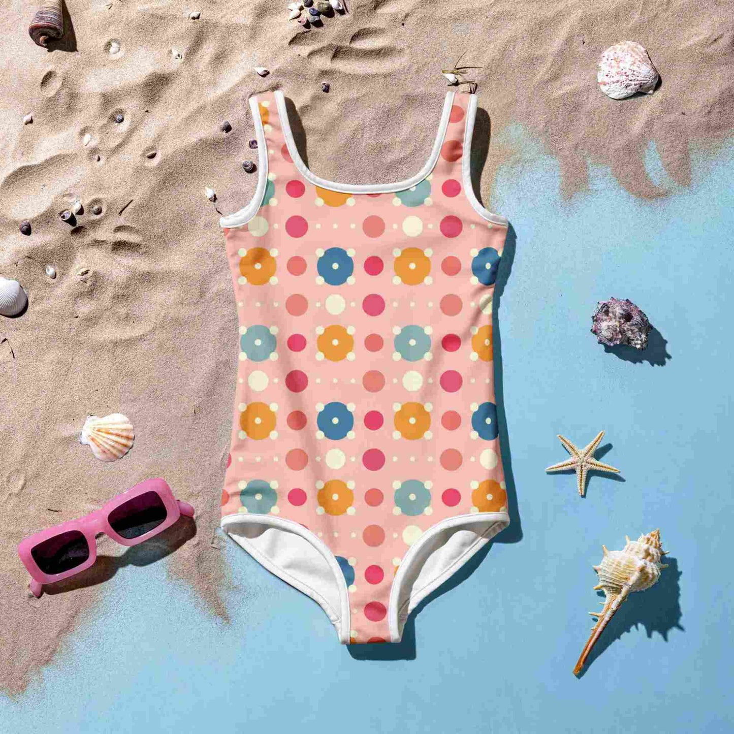 Flatlay of a cute infant swimsuit, suitable for kids in general, features a playful pattern of pastel and white circles on a pink background, fonrt side facing up, on a sandy light blue surface, surrounded by a sunglass and seashells.