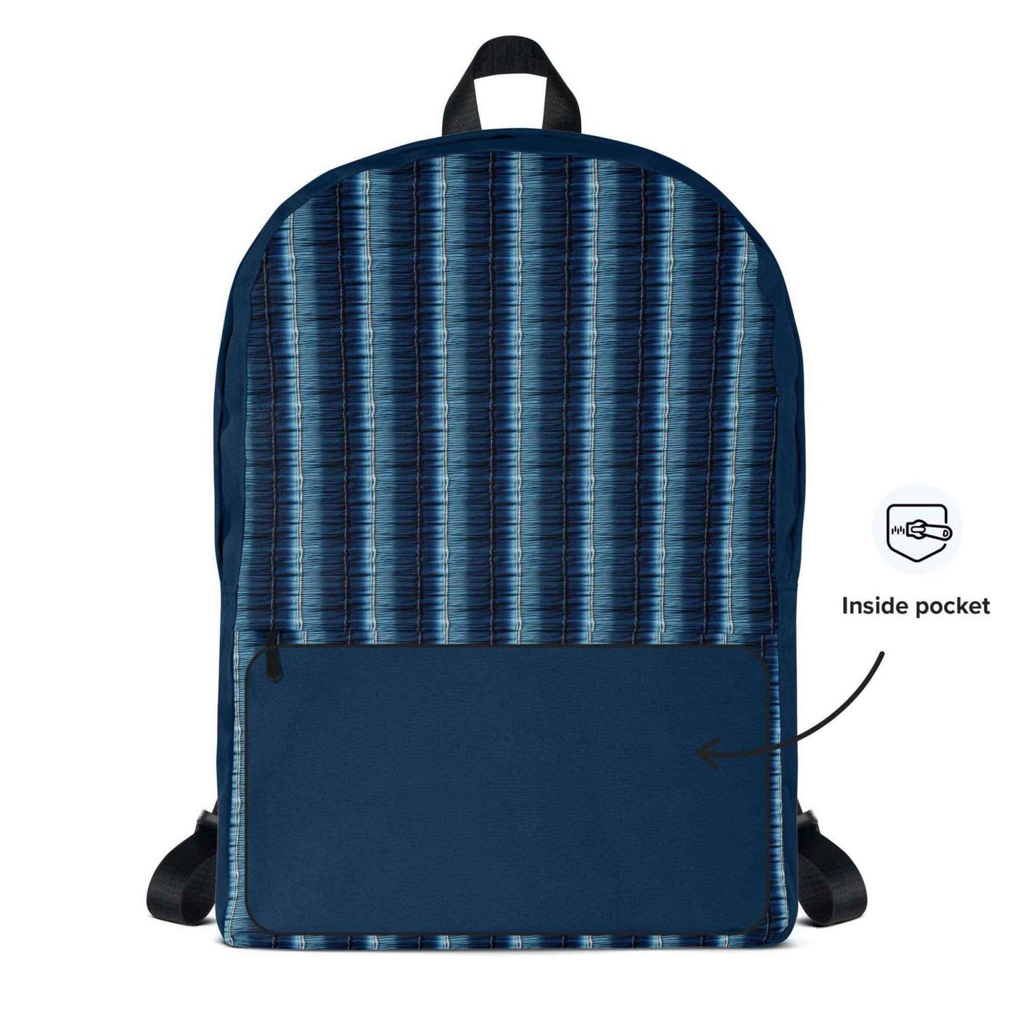 Printed backpack featuring denim stripes shown in a frontal view, the solid dark blue fabric of the inside of the front pocket exposted.