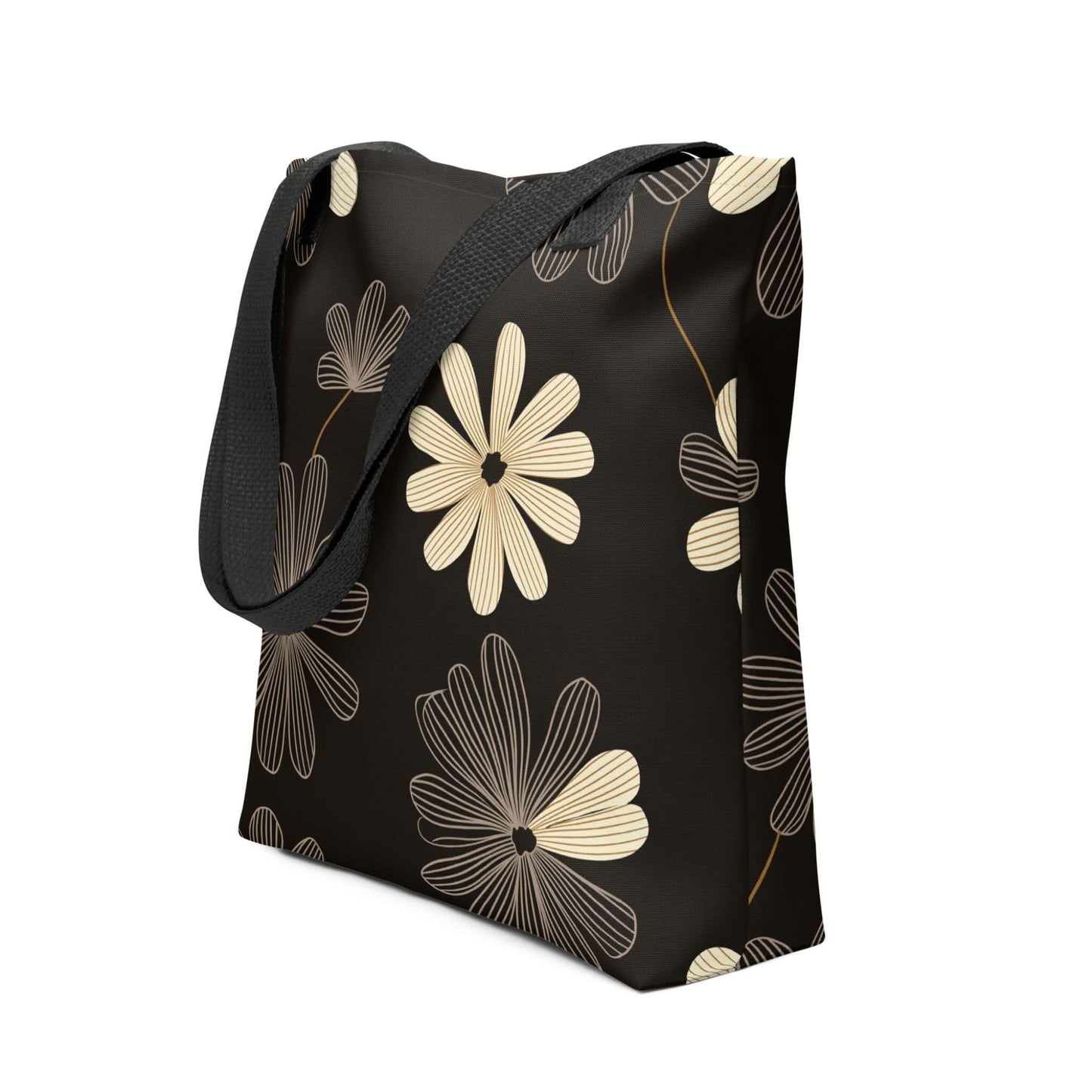 Aesthetic Tote Bag which features striking black and white line art flowers, blending Art Deco sophistication with modern minimalist style. The high-contrast, deep-hued pattern makes a dramatic statement. 15x15 inch polyester. Side view. White background.