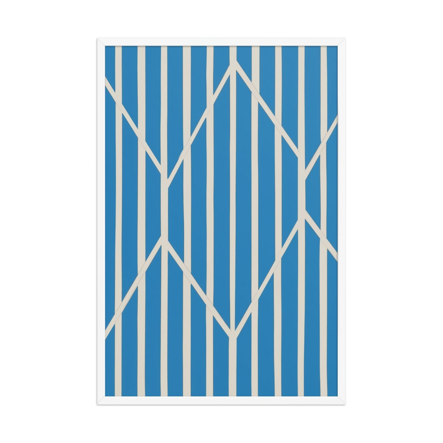 A compelling piece of blue and white abstract art, OBLIQUE, in framed poster. This sophisticated design creates visual drama as static vertical stripes are dynamically intersected by bold, angular white lines. The result is a striking, kinetic composition perfect for modern interiors. White frame. Dimension 24x36 inches portrait.