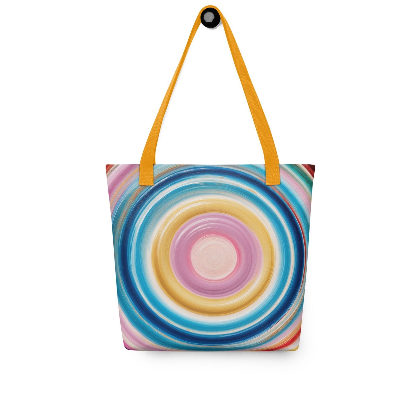 Colorful tote bag which features a mesmerizing abstract design of strong, hypnotic color circles, with ryellow handles. Dimension 15x15 inches, polyester. White blackground.