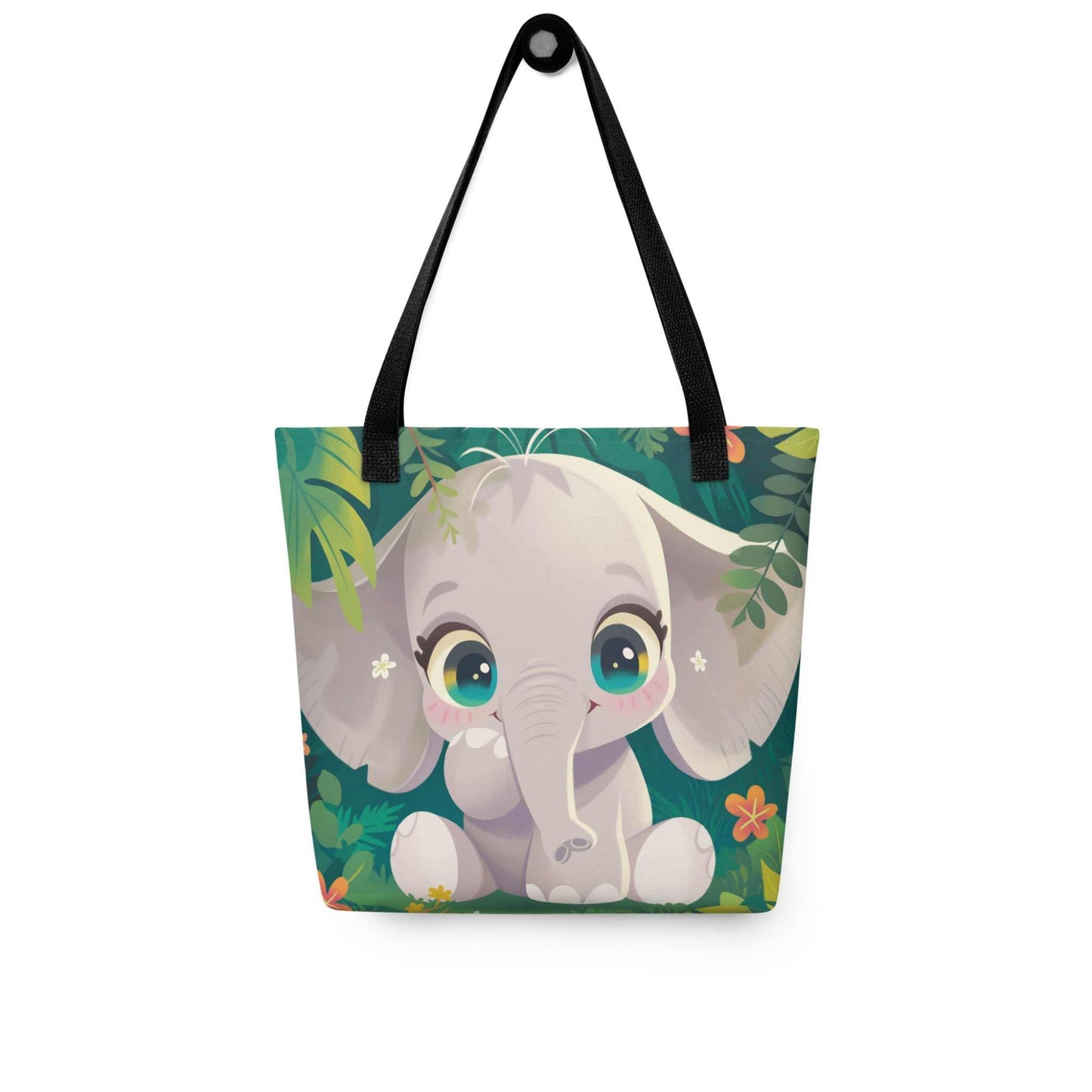 Cute Elephant Tote Bag, design which features a warm, charming baby elephant, with black handles, hanging on a wall. 15x15 inches. White background.