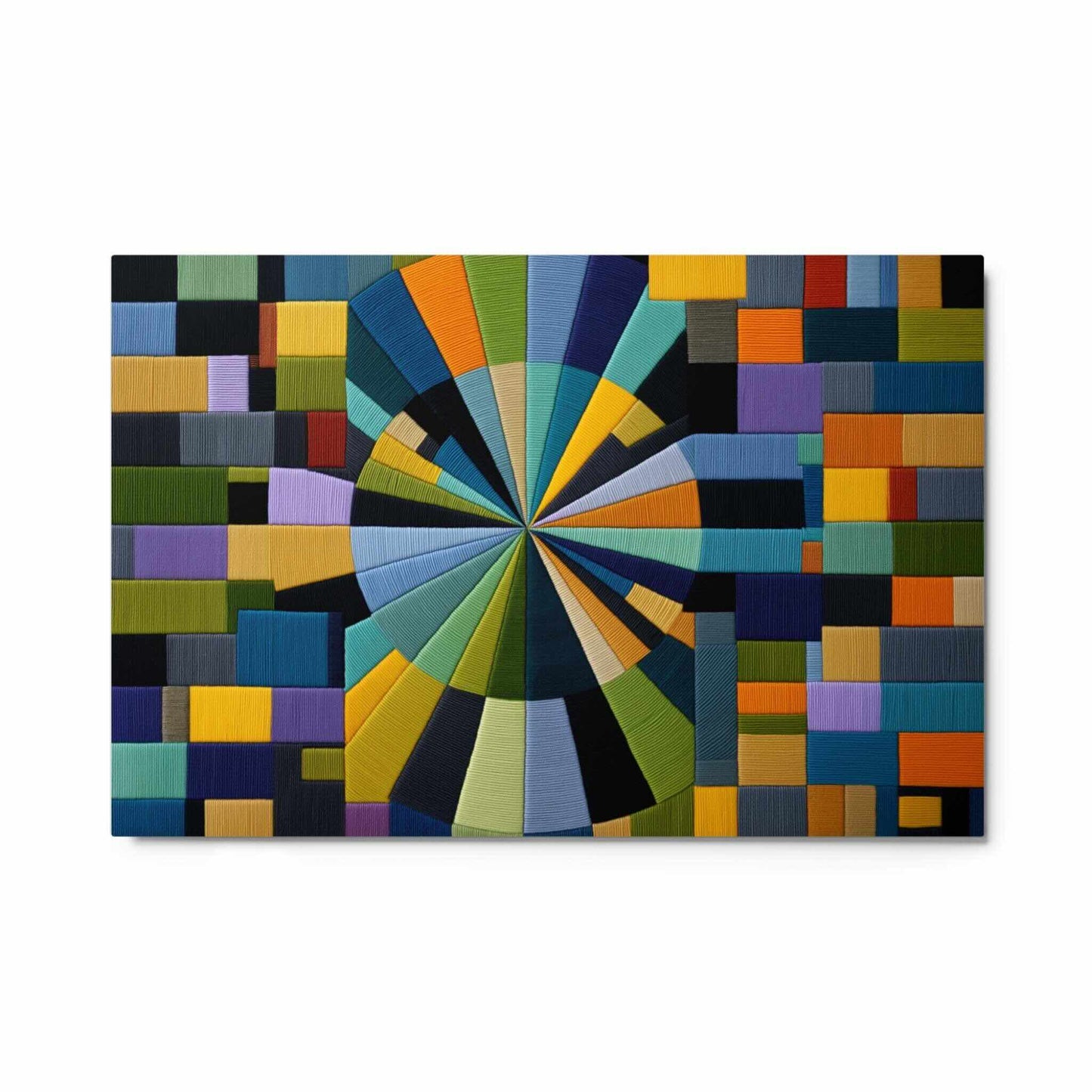 Expressionfiberarts patterns inspire this vibrant, texture-rich art. The WOVEN Metal Print features a spectacular radial design where precise, dense threads create an illusion of motion and depth. A dynamic starburst of color and geometric complexity is framed by a subtle patchwork border. Dimensions 24x36 inches landscape. White background.