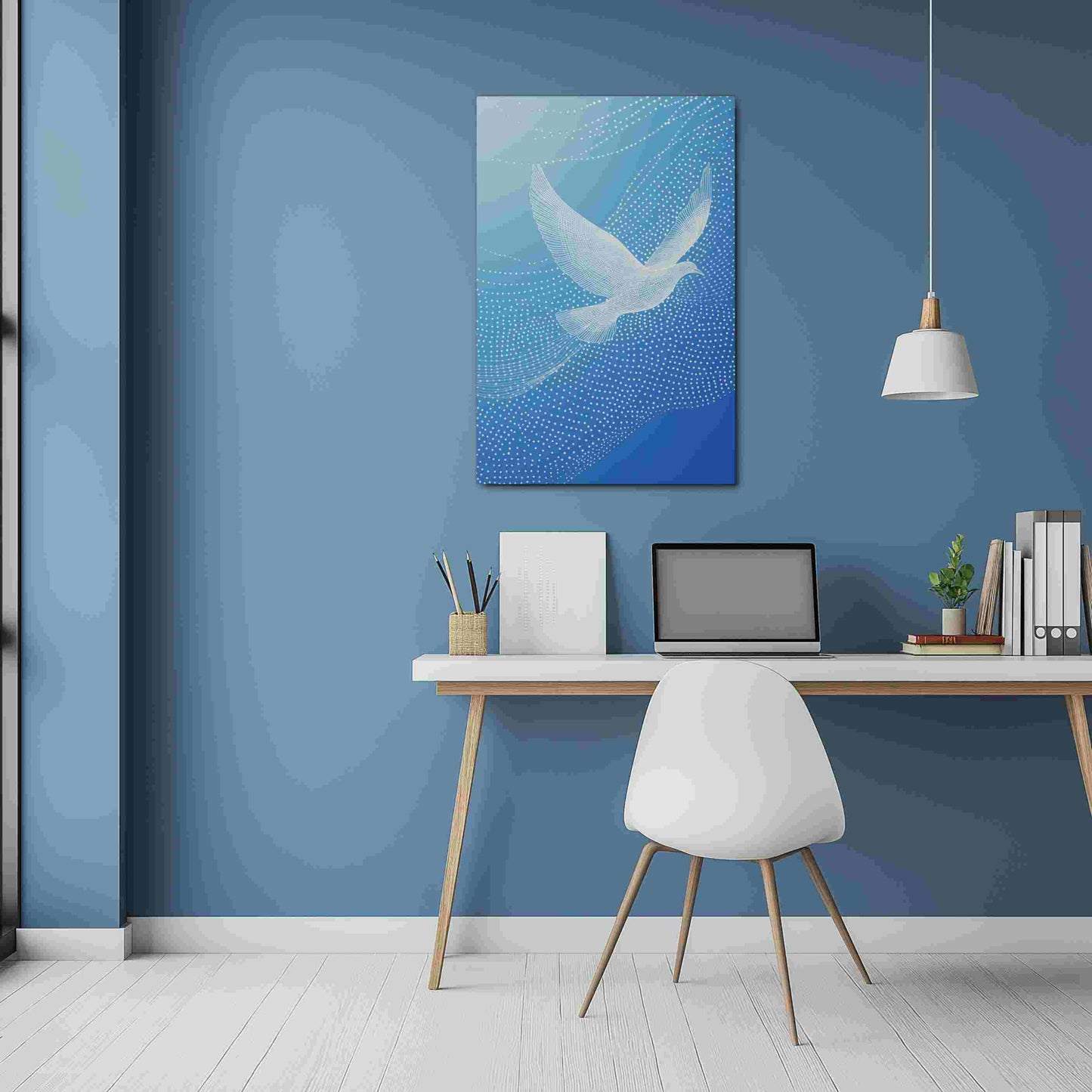 Discover the ethereal beauty of "LUMIRET.DOVE," a stunning metal print featuring an abstract white dove in graceful wireframe flight against a serene gradient blue sky. Flowing white lines and dots evoke constellations and motion, creating a modern, peaceful, and sophisticated piece. Elevate your space with this unique blend of nature and digital artistry. The metal print hangs on a blue wall in a modern scandinavian study room.