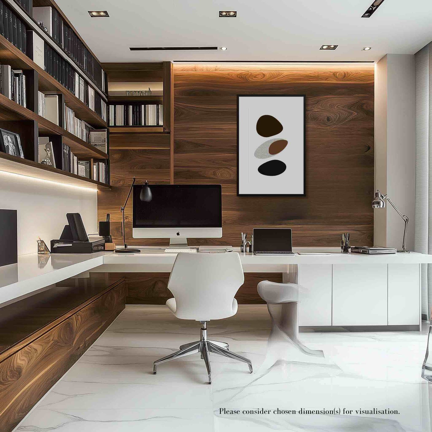 Framed abstract art organic form in a blend of modern minimalism and organic shapes in neutral colors. Framed in black wood. The wall art hangs on a wood wall in a modern study of white cabinets and dark wood.