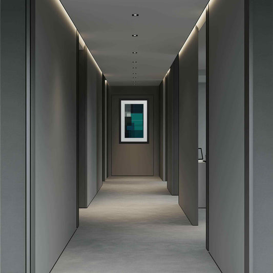 Illustration of BAUHAUS Framed Prints. This stunning abstract piece captivates with precision, a moody navy/teal palette, and dynamic geometry, hanging on the wall at the corridor of an office.