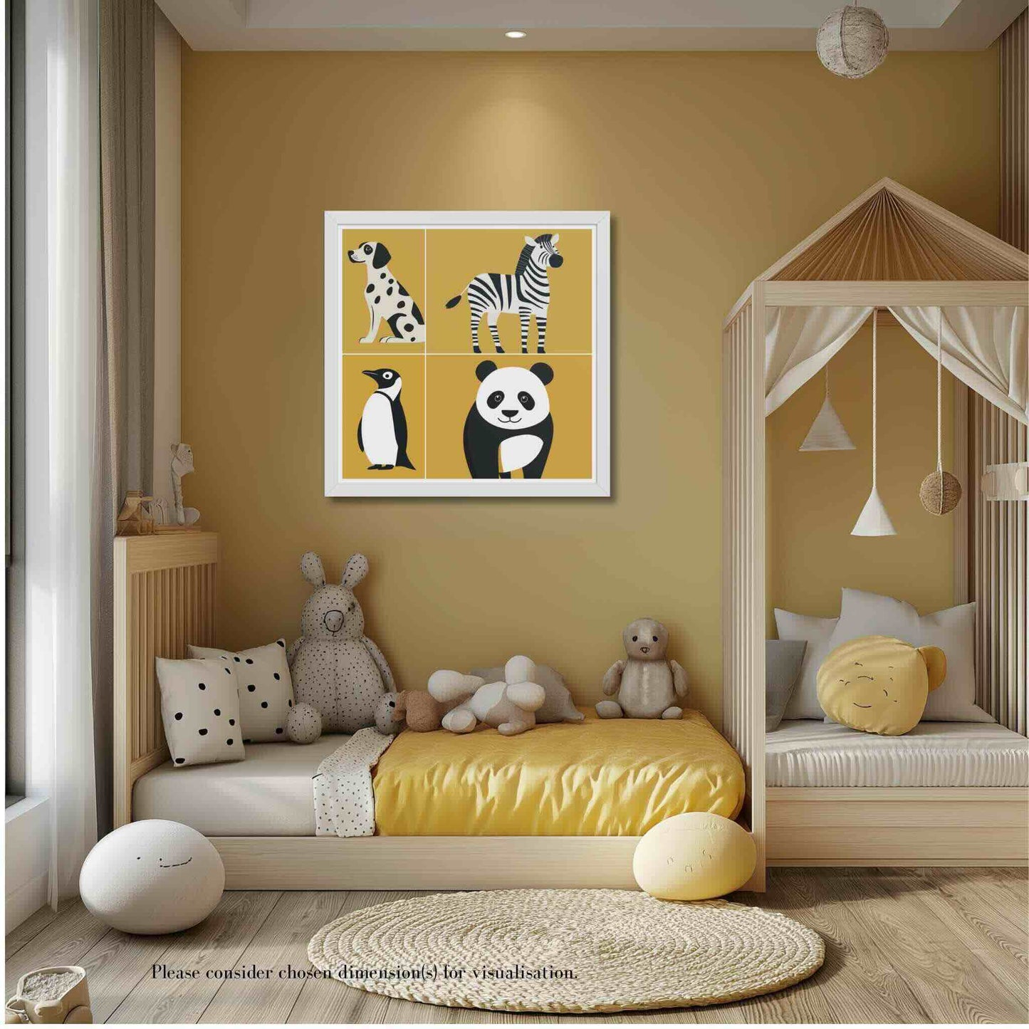 iscover CHALKIE, the perfect black and white animal poster for your kid’s room. Stylish, minimalist, and playful, this wall art adds charm and sophistication to any nursery or play space. White frame. The poster hangs on a yellow wall in a cosy kids room.