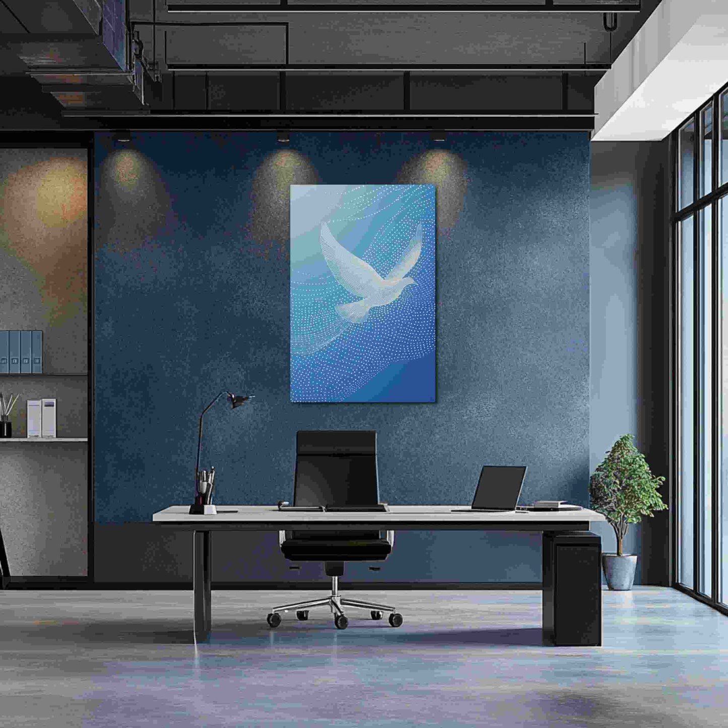 Discover the ethereal beauty of "LUMIRET.DOVE," a stunning metal print featuring an abstract white dove in graceful wireframe flight against a serene gradient blue sky. Flowing white lines and dots evoke constellations and motion, creating a modern, peaceful, and sophisticated piece. Elevate your space with this unique blend of nature and digital artistry. The metal print hangs on a blue wall in a modern insdustrial style study room.