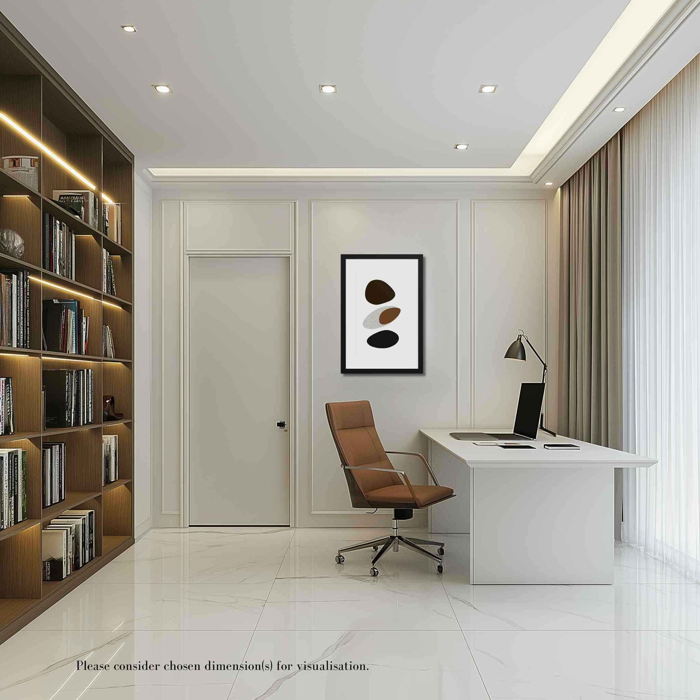 Framed abstract art organic form in a blend of modern minimalism and organic shapes in neutral colors. Framed in black wood. The wall art hangs on a white wall in a contemporary study blending white walls and desk with brown book shelves and brown swivel chairs.