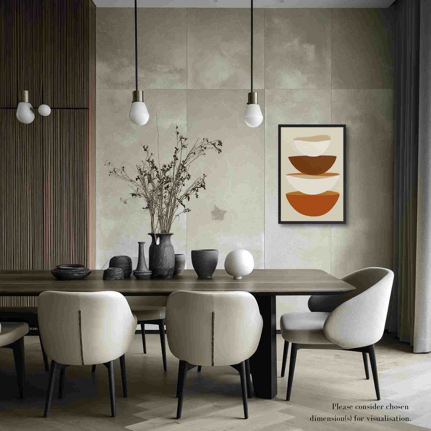 A minimalist abstract art form in framed poster, featuring stacked bowls in warm earthy tones on soft biege, its clean, contemporary, and slightly rustic aesthetic adds a touch of calm sophistication to your kitchen or dining area. Framed in wood in black color. The poster hangs on a biege wall near a large dining table in a contemporary modern setting.
