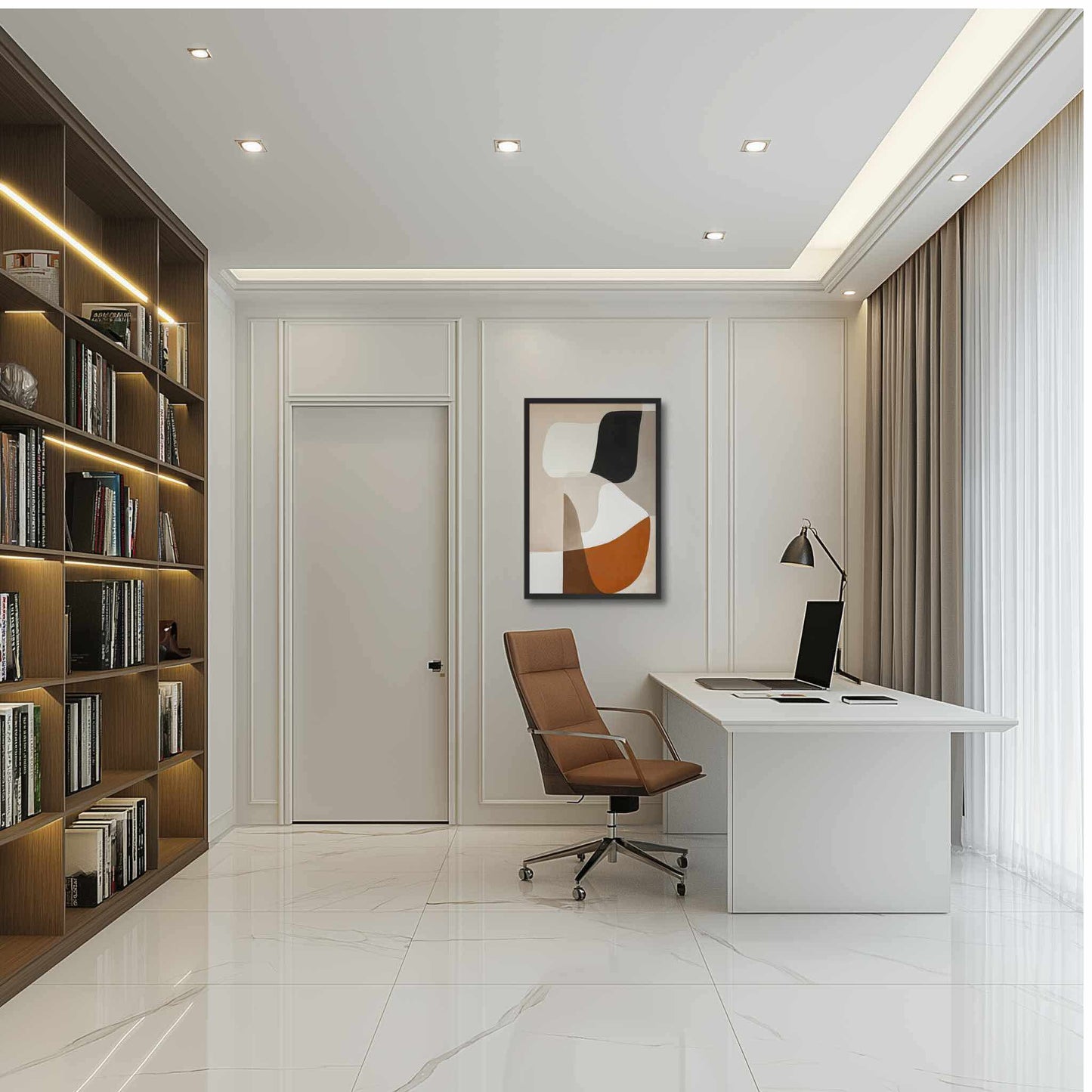 Discover "ORVAN," a sophisticated framed poster featuring elegant, organic abstract art in warm neutrals. Beige, cream, taupe, terracotta, rust, and black blend with smooth transitions, creating calming yet visually captivating piece. Framed in wood in black color. The framed poster hangs on a white wall in a modern study room.