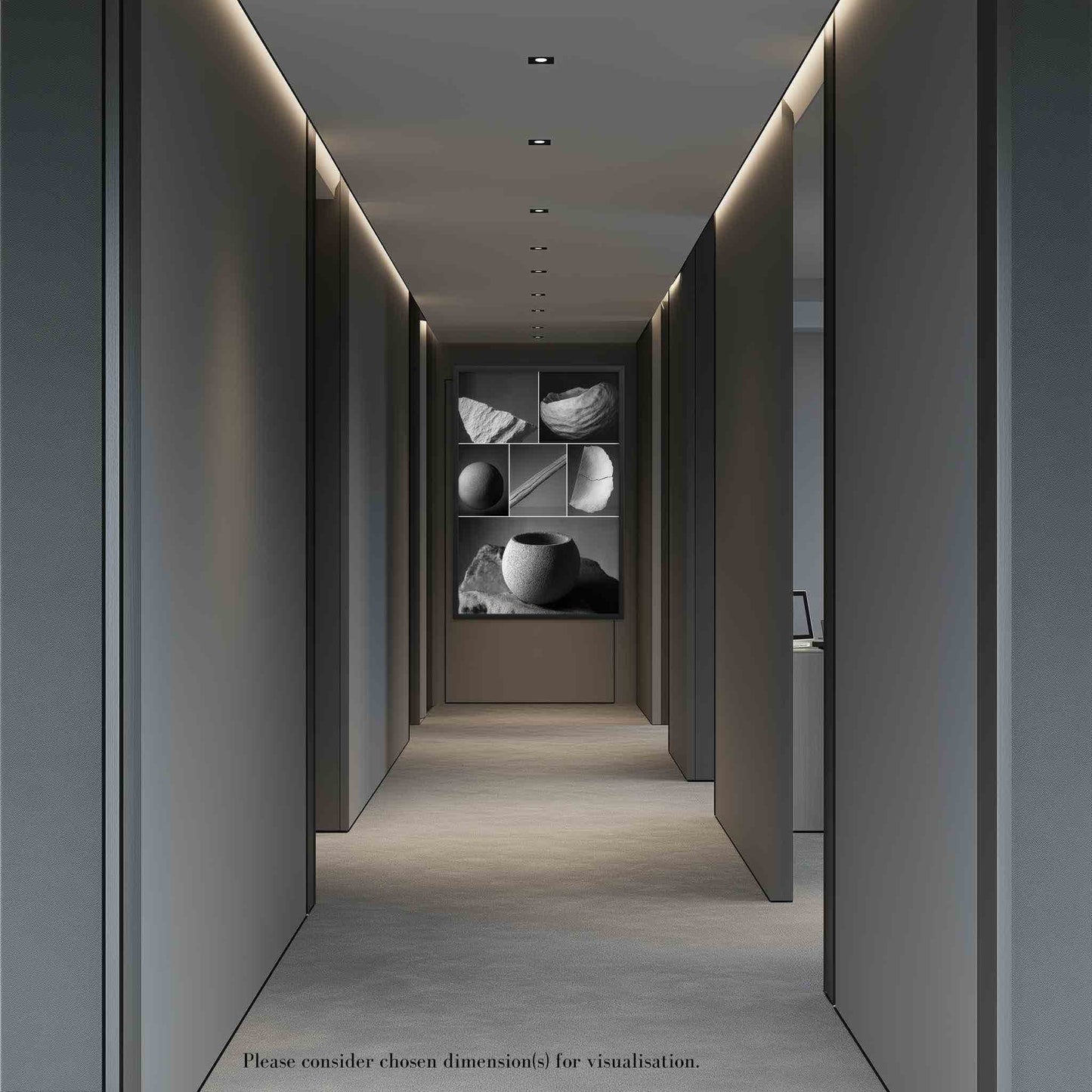 A black and white montage with a nature-inspired theme of natural elements, framed in elegant black, mounted at the end of a modern hallway.