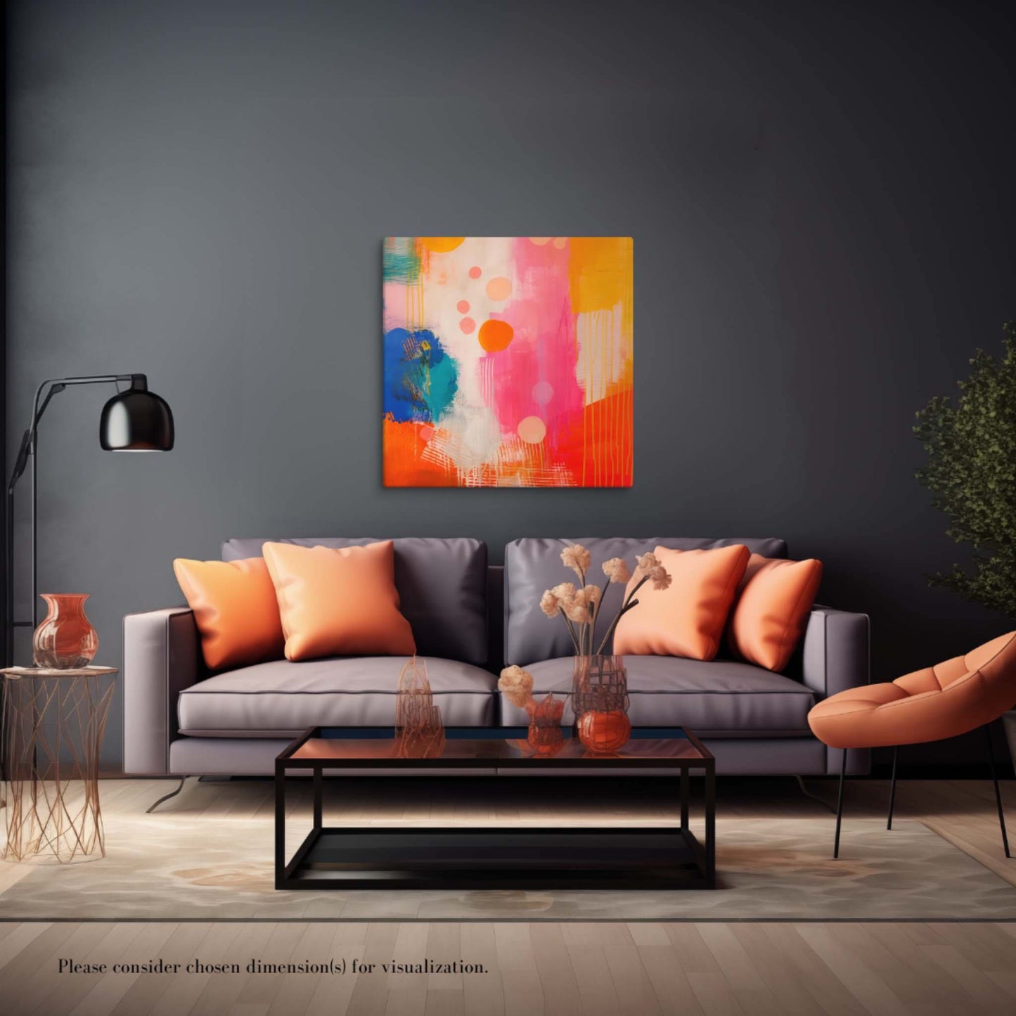 An artwork patches canvas print featuring eye-catching artwork patches in red, orange, pink, blue and cream. This playful and sophisticated piece, in a squarish dimension, hangs on a dark grey wall, over a grey sofa with orange cushions in a living room furnished in a contemporary style.