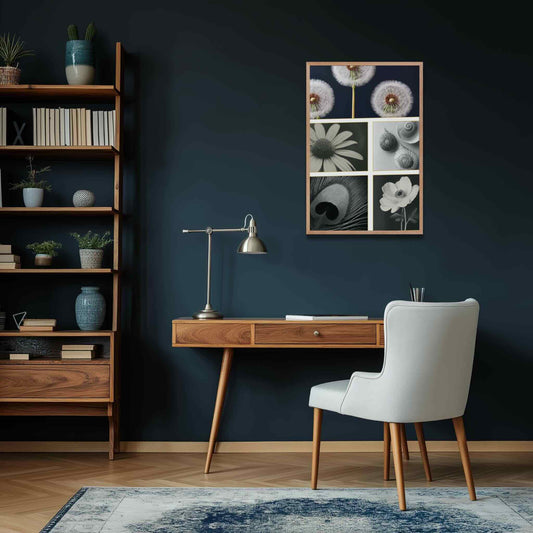 Illustration 2 of a botanical prints framed, which features a sophisticated grid study that captures the silent poetry of dandelion wisps, spiraled shells, and velvet petals. It is a warm, timeless tribute to nature’s hidden geometry and organic grace. The framed poster hangs on a dark teal wall in a study room