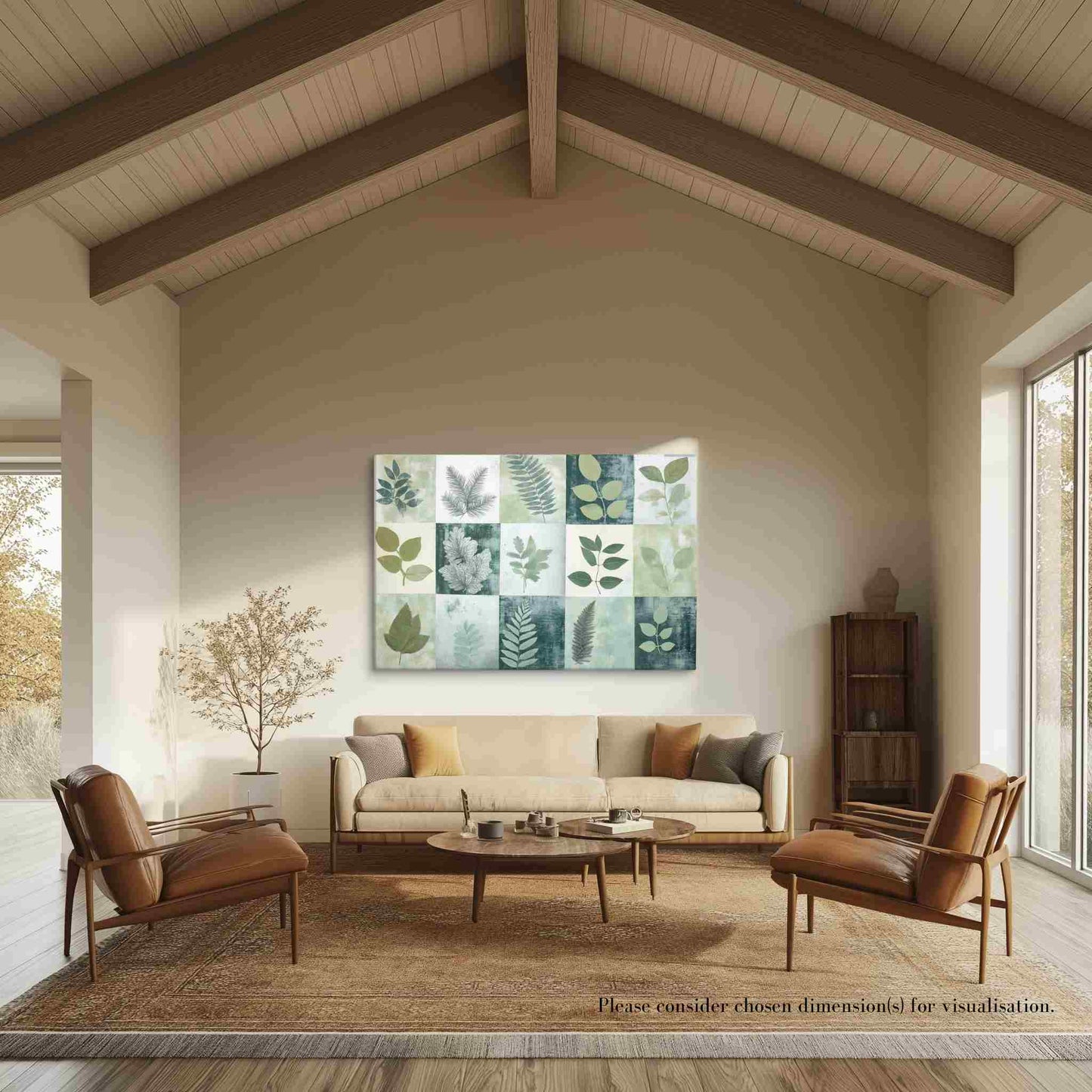 Discover "PHOTOTYPE17," a landscape canvas print showcasing a mesmerizing green botanical cyanotype collage. This unique artwork features an artistic grid of striking leaves. Experience the serene yet scientific beauty of this modern herbarium-inspired piece. Perfect for adding a touch of natural sophistication to your space. The canvas print hangs on a wall in a mid-century modern living room.