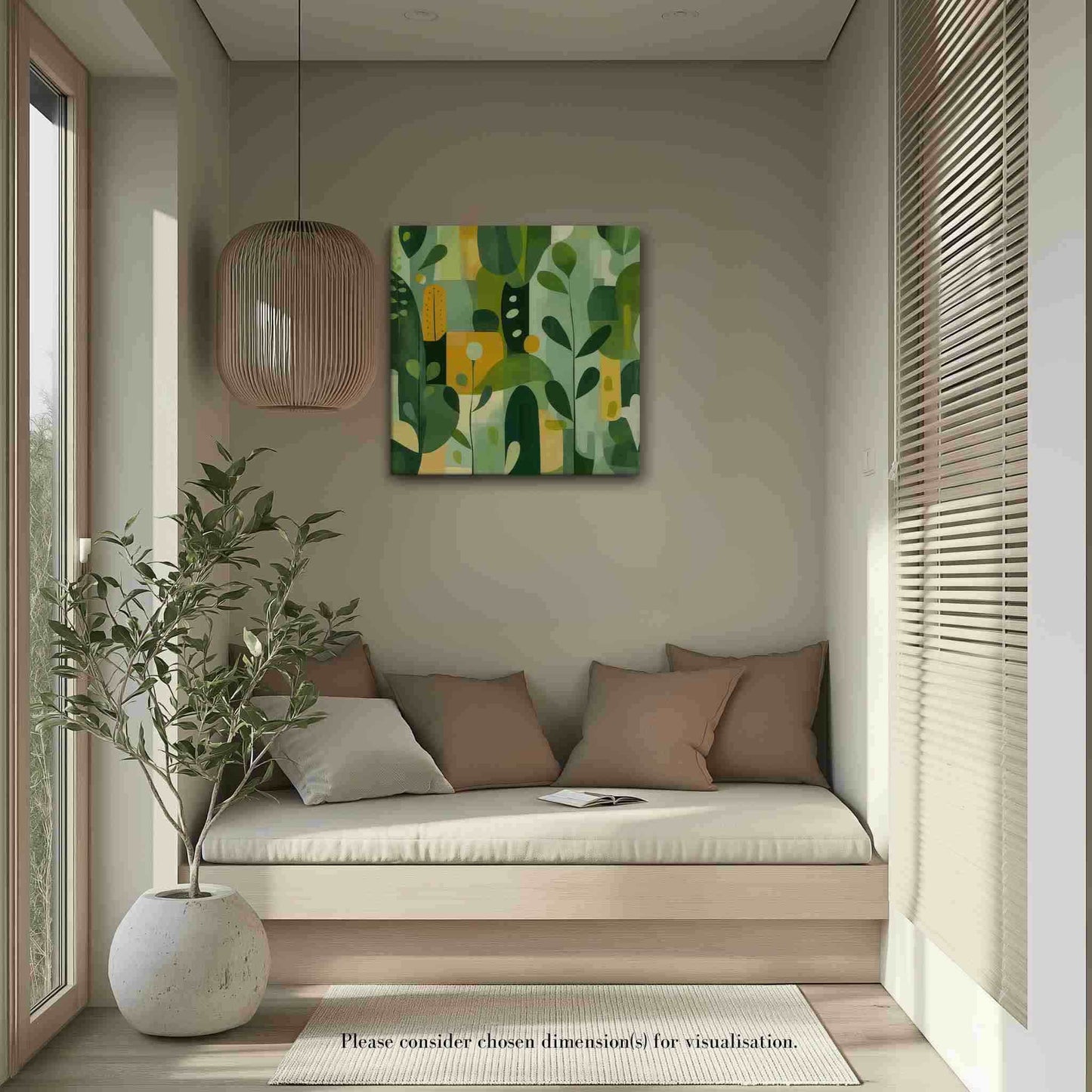 Bring the serenity of nature indoors with "VERDURE," our abstract canvas print. Harmonious greens, yellows, and beige create a calming, contemporary piece inspired by organic forms. Experience depth and movement in this sophisticated artwork. The canvas print hangs on a wall over a cosy sofa in a reading corner.