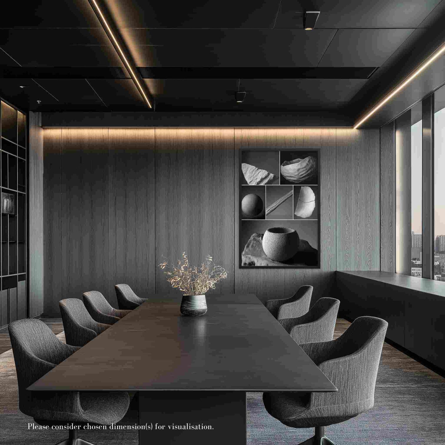 A black and white montage with a nature-inspired theme of natural elements, framed in elegant black, in a modern conference room with dark wood table and chairs, ambient lighting, and large windows.