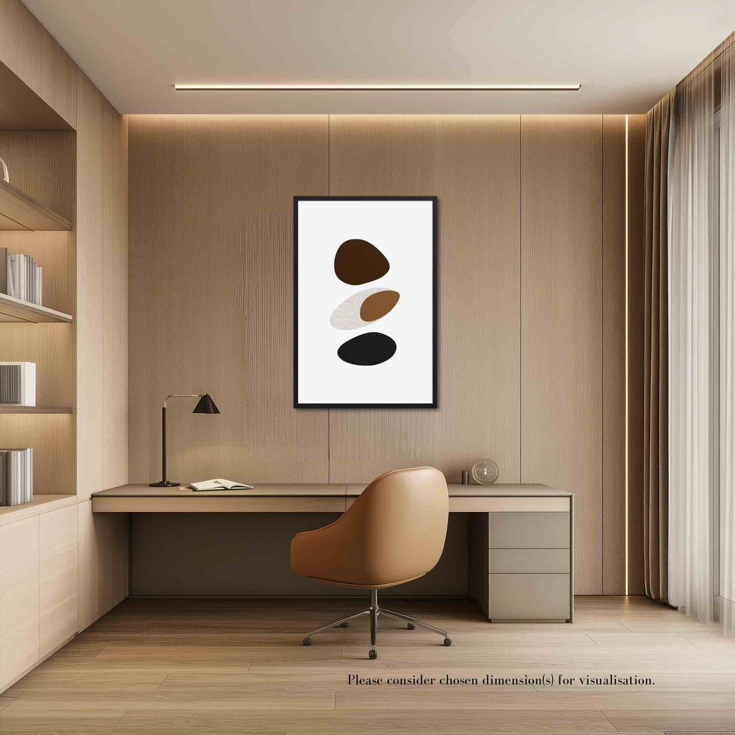 Framed abstract art organic form in a blend of modern minimalism and organic shapes in neutral colors. Framed in black wood. The wall art hangs on a light beige wall in a modern study of furnished with beige wood floor and beige furniture.