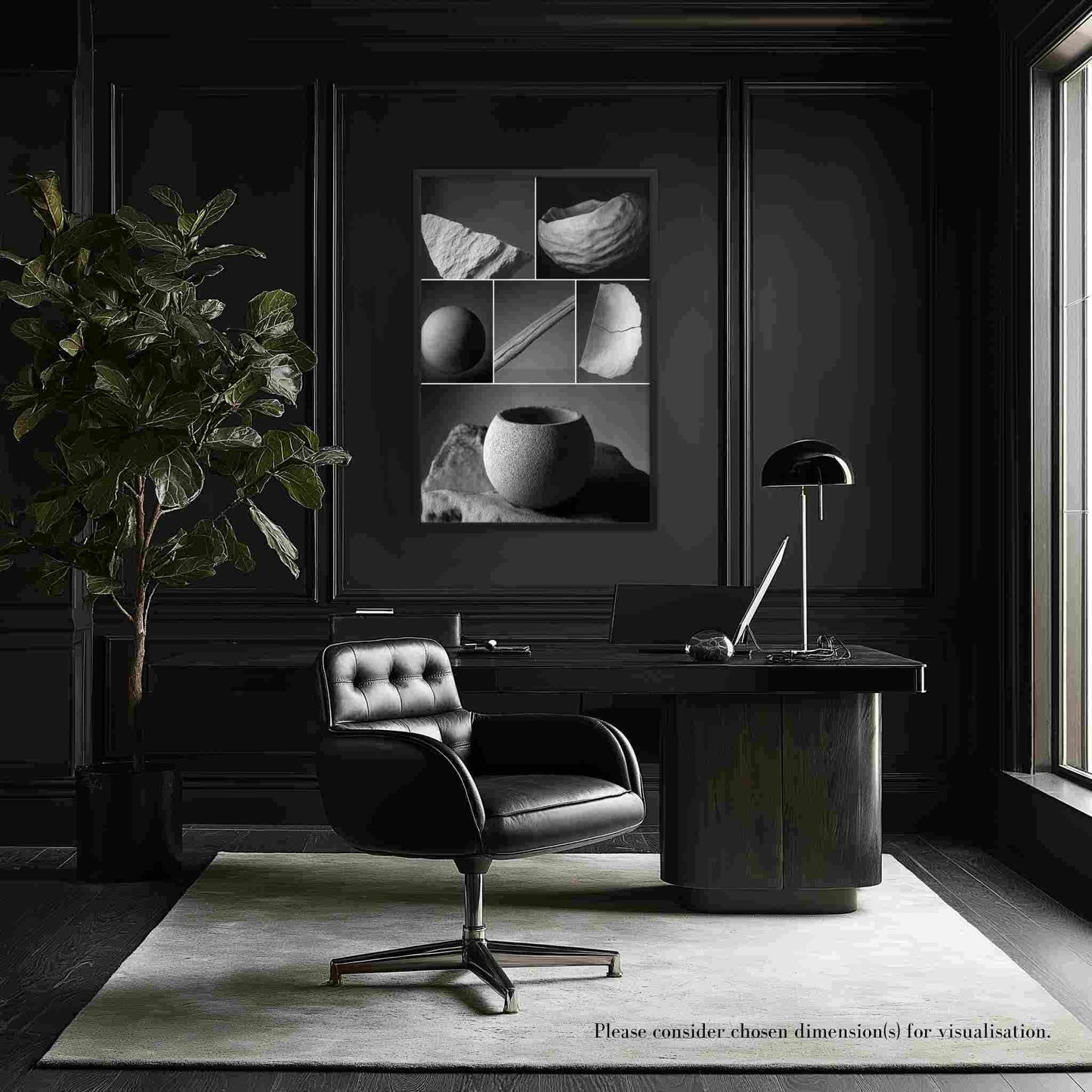 A black and white montage with a nature-inspired theme of natural elements, framed in elegant black, hangong on a dark wall in a modern office that has a desk with chair.