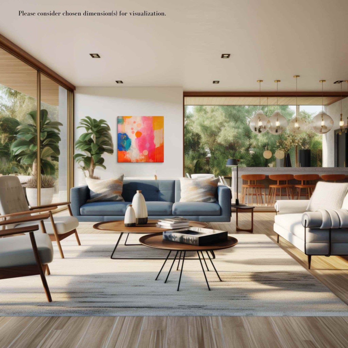 An artwork patches canvas print featuring eye-catching artwork patches in red, orange, pink, blue and cream. This playful and sophisticated piece, in a squarish dimension, hangs on a white wall situated behind a blue sofa in a living room furnished in a mid century modern style.