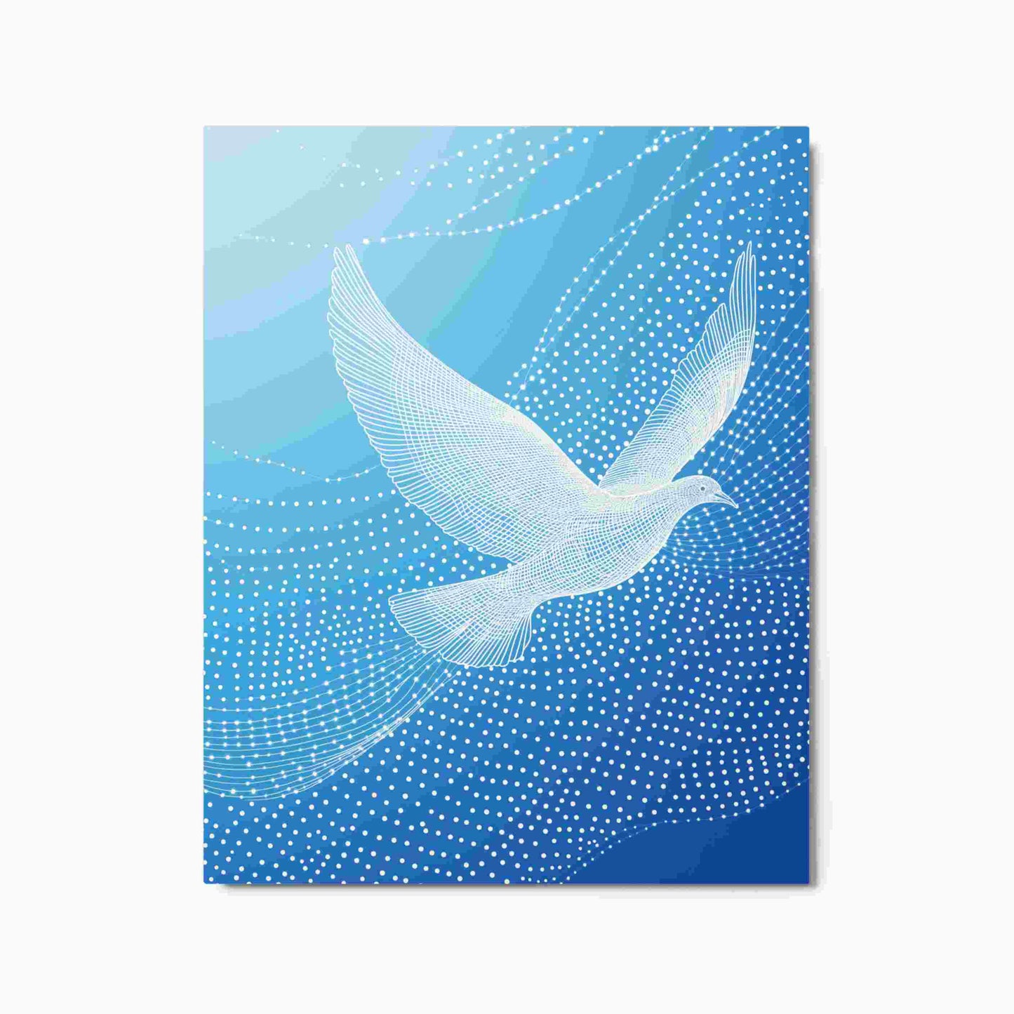 Discover the ethereal beauty of "LUMIRET.DOVE," a stunning metal print featuring an abstract white dove in graceful wireframe flight against a serene gradient blue sky. Flowing white lines and dots evoke constellations and motion, creating a modern, peaceful, and sophisticated piece. Elevate your space with this unique blend of nature and digital artistry. In portrait 16x20 inches dimension. White background.