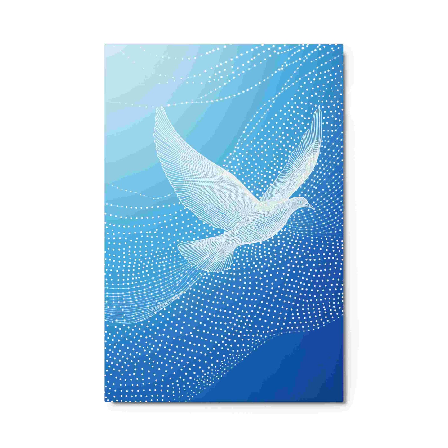 Discover the ethereal beauty of "LUMIRET.DOVE," a stunning metal print featuring an abstract white dove in graceful wireframe flight against a serene gradient blue sky. Flowing white lines and dots evoke constellations and motion, creating a modern, peaceful, and sophisticated piece. Elevate your space with this unique blend of nature and digital artistry. In portrait 24x36 inches dimension. White background.