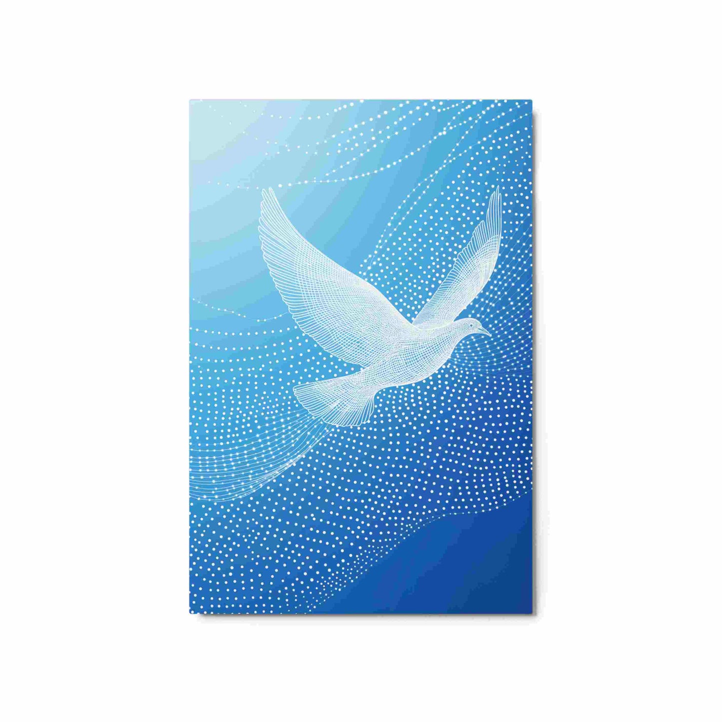 Discover the ethereal beauty of "LUMIRET.DOVE," a stunning metal print featuring an abstract white dove in graceful wireframe flight against a serene gradient blue sky. Flowing white lines and dots evoke constellations and motion, creating a modern, peaceful, and sophisticated piece. Elevate your space with this unique blend of nature and digital artistry. In portrait 20x30 inches dimension. White background.